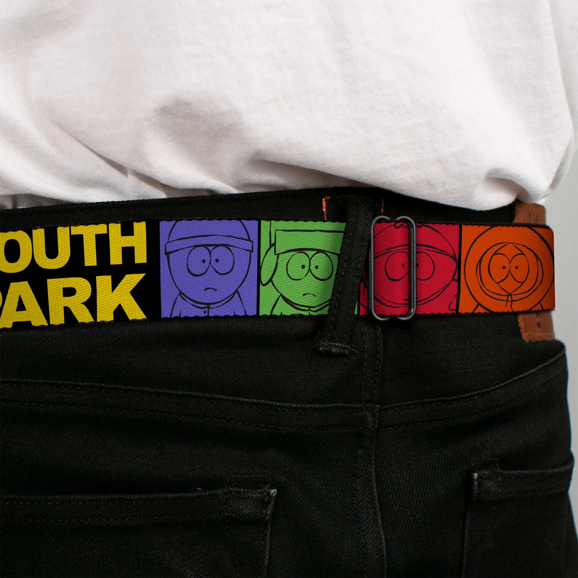 SOUTH PARK Title Logo Full Color Black/Yellow Seatbelt Belt - SOUTH PARK Boys Face Drawing and Title Logo Color Block Multi Color Webbing Seatbelt Belts South Park