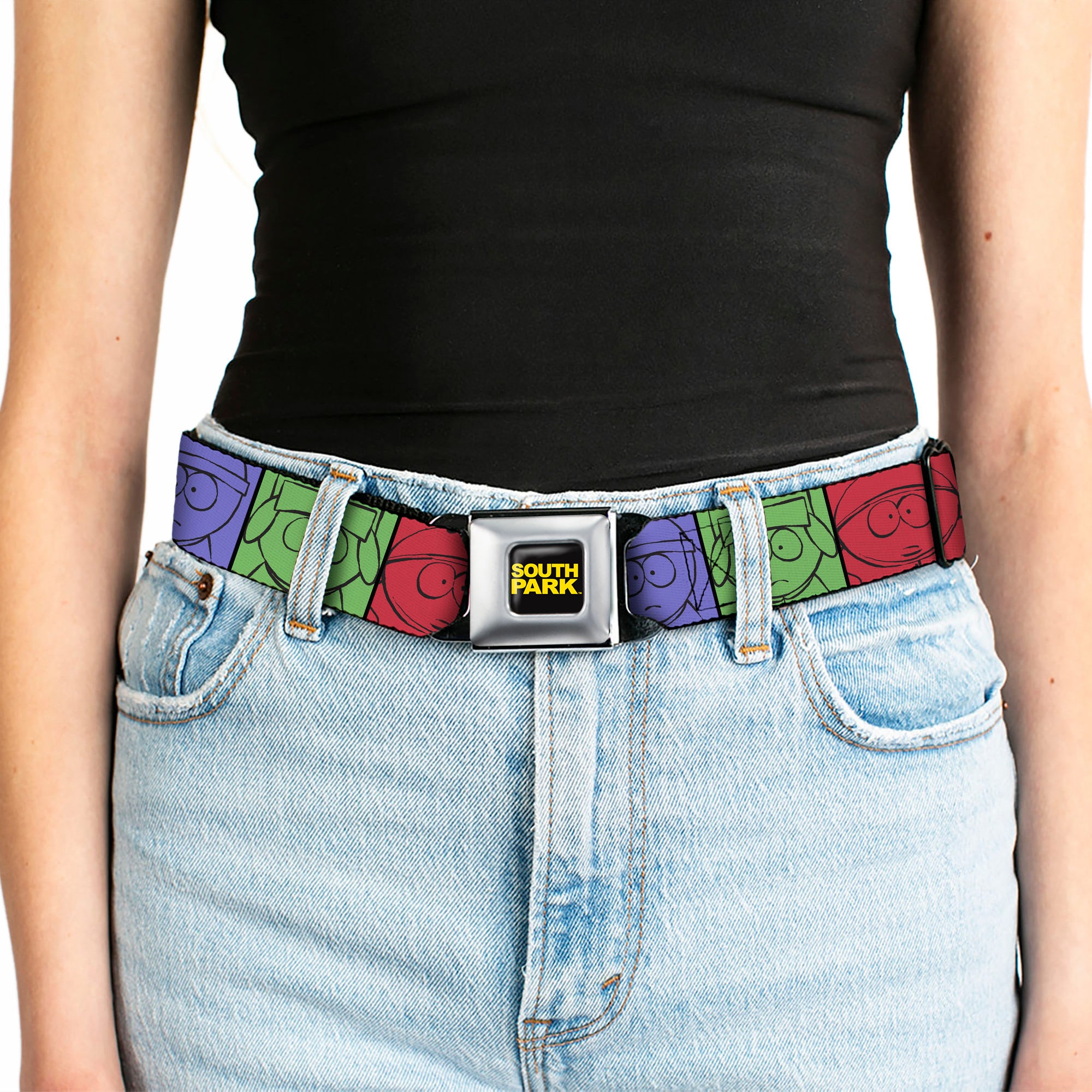 SOUTH PARK Title Logo Full Color Black/Yellow Seatbelt Belt - SOUTH PARK Boys Face Drawing and Title Logo Color Block Multi Color Webbing Seatbelt Belts South Park