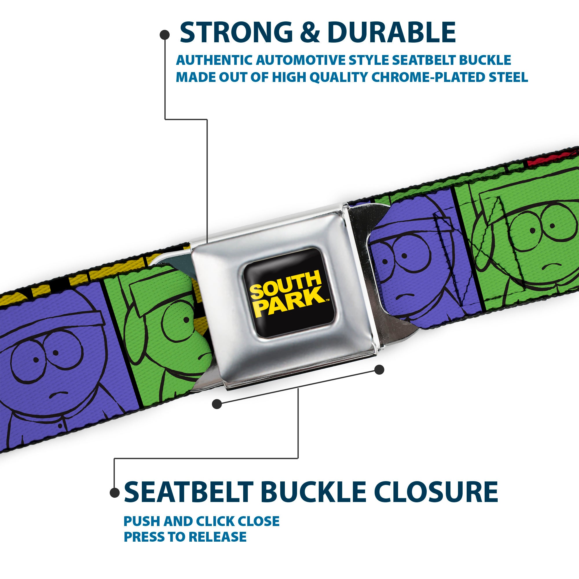 SOUTH PARK Title Logo Full Color Black/Yellow Seatbelt Belt - SOUTH PARK Boys Face Drawing and Title Logo Color Block Multi Color Webbing Seatbelt Belts South Park