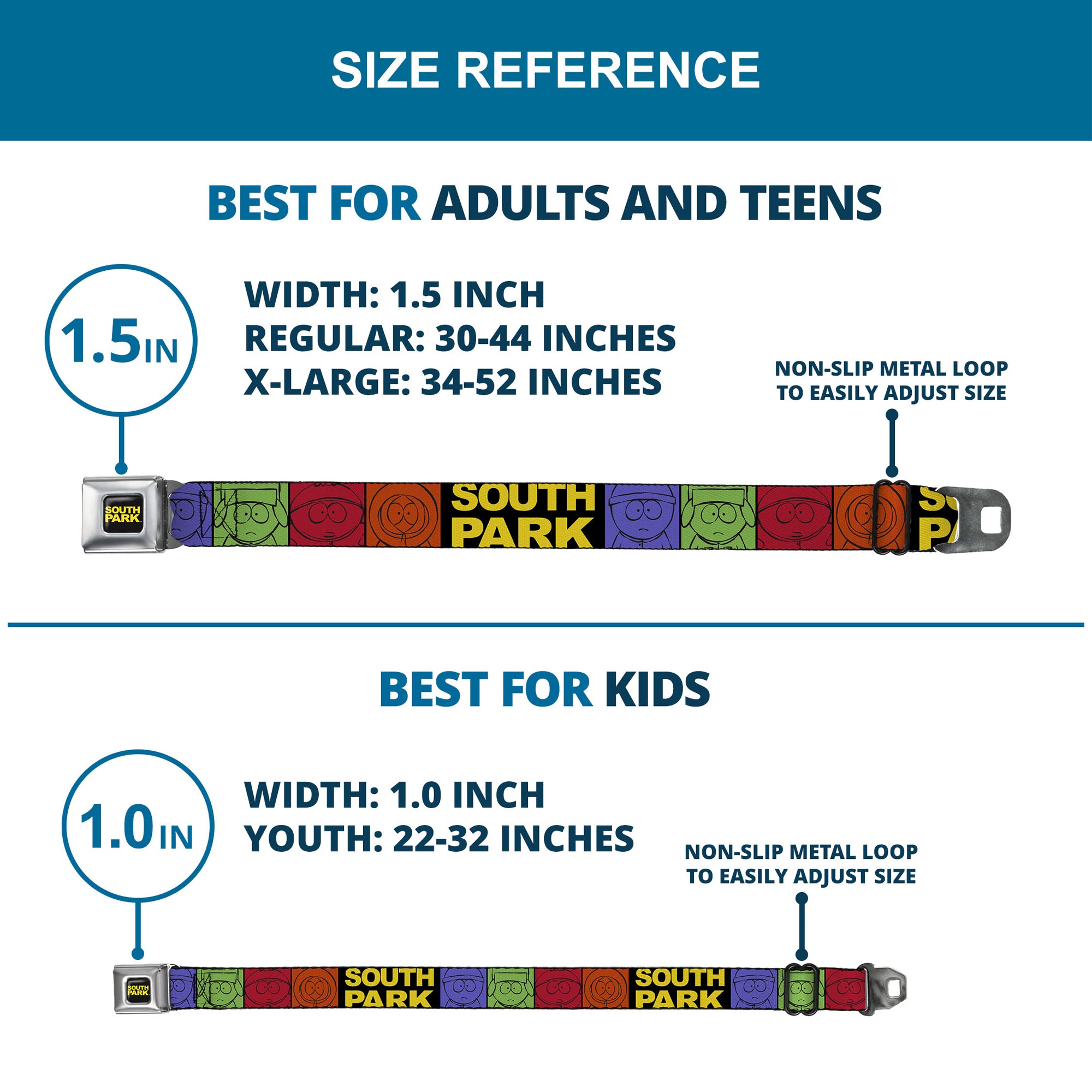 SOUTH PARK Title Logo Full Color Black/Yellow Seatbelt Belt - SOUTH PARK Boys Face Drawing and Title Logo Color Block Multi Color Webbing Seatbelt Belts South Park