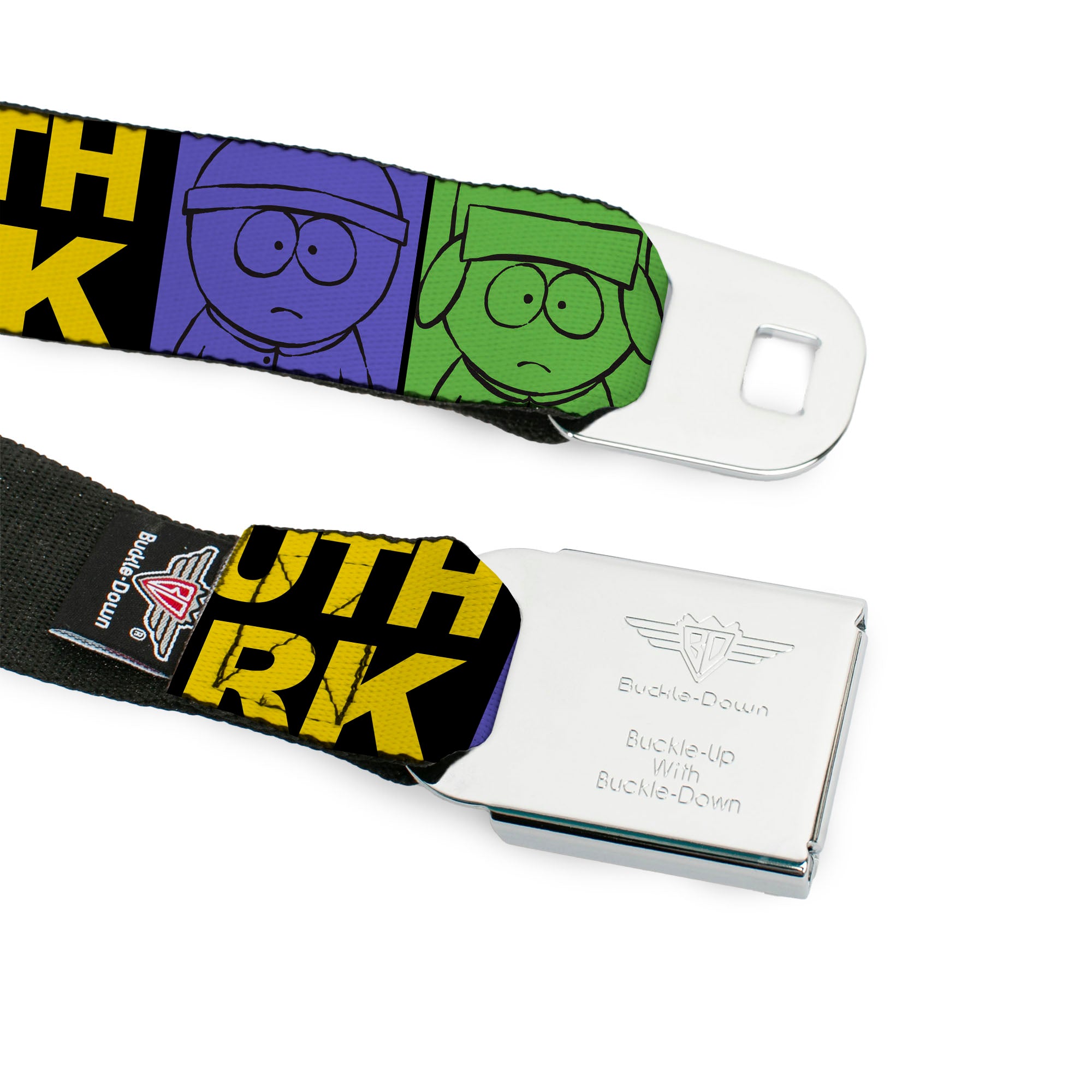 SOUTH PARK Title Logo Full Color Black/Yellow Seatbelt Belt - SOUTH PARK Boys Face Drawing and Title Logo Color Block Multi Color Webbing Seatbelt Belts South Park