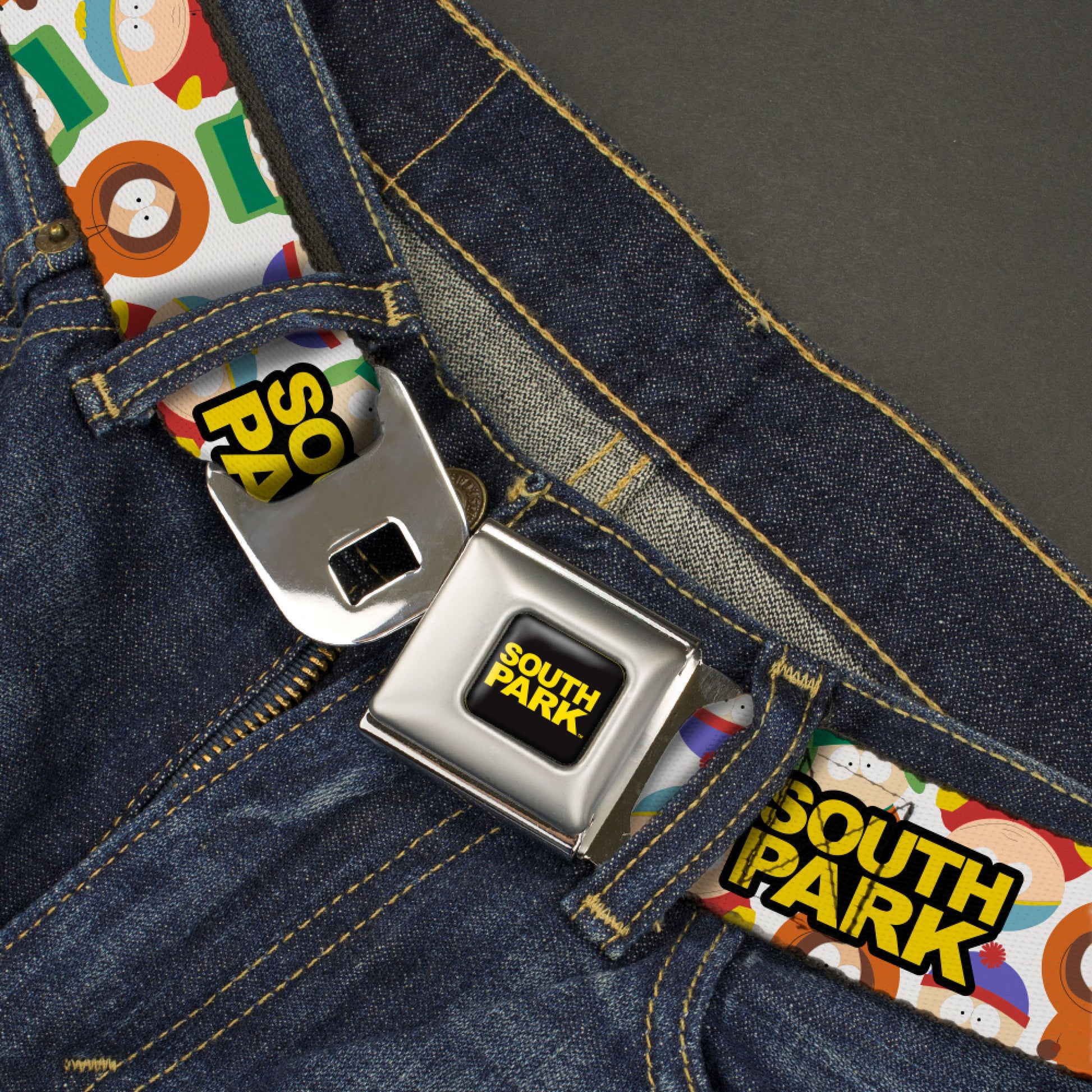 SOUTH PARK Title Logo Full Color Black/Yellow Seatbelt Belt - SOUTH PARK Title Logo and Characters Scattered White Webbing Seatbelt Belts South Park