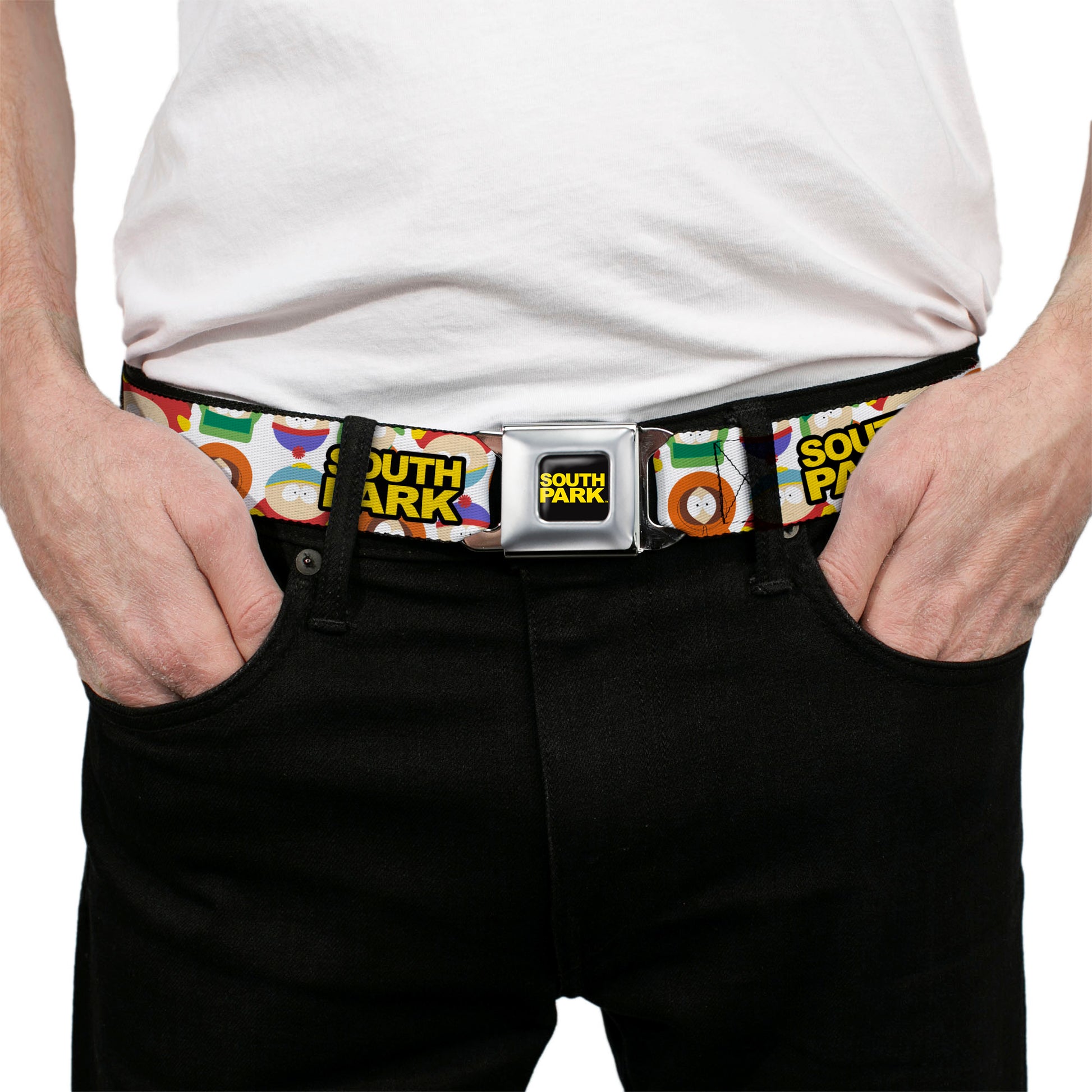 SOUTH PARK Title Logo Full Color Black/Yellow Seatbelt Belt - SOUTH PARK Title Logo and Characters Scattered White Webbing Seatbelt Belts South Park