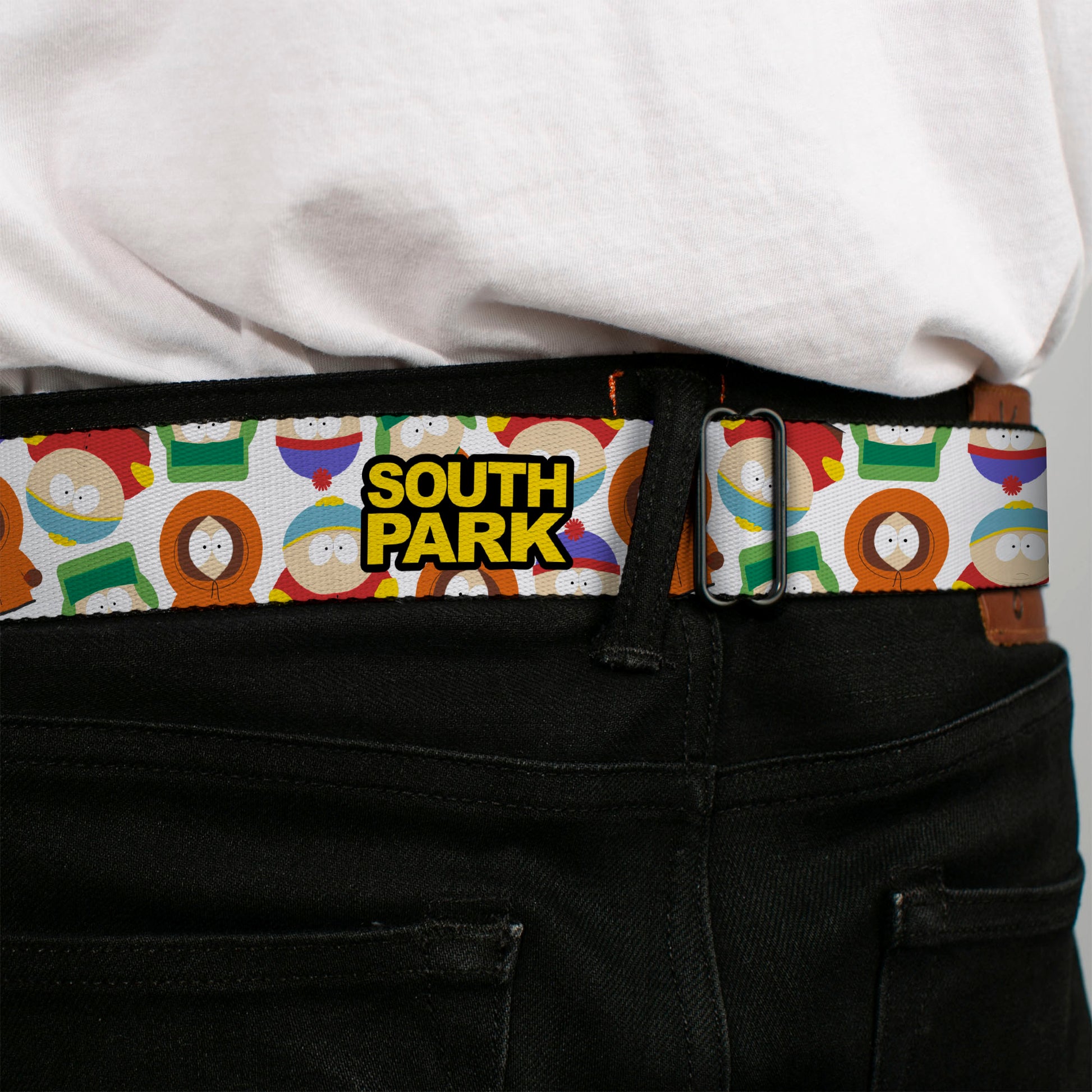 SOUTH PARK Title Logo Full Color Black/Yellow Seatbelt Belt - SOUTH PARK Title Logo and Characters Scattered White Webbing Seatbelt Belts South Park