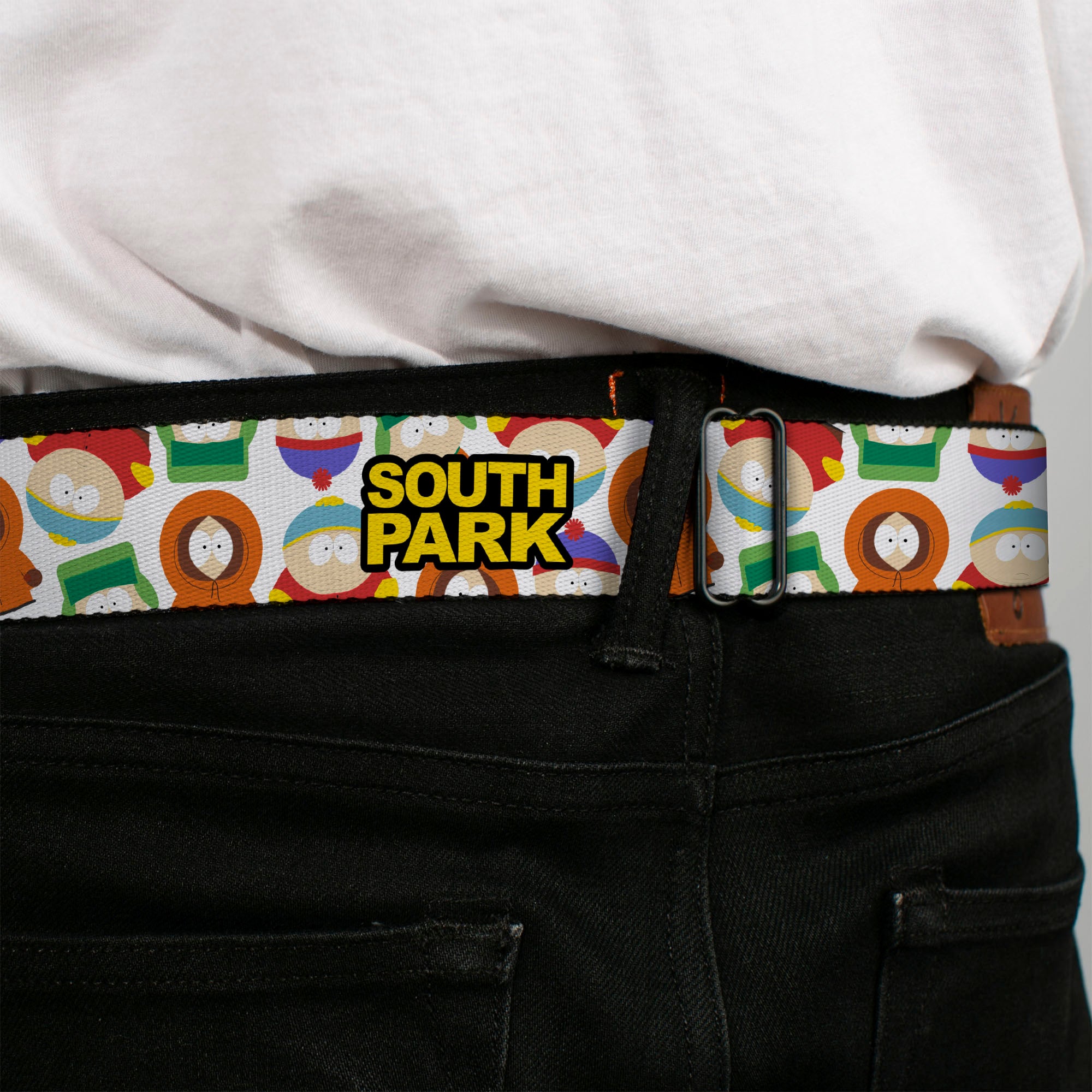 SOUTH PARK Title Logo Full Color Black/Yellow Seatbelt Belt - SOUTH PARK Title Logo and Characters Scattered White Webbing Seatbelt Belts South Park