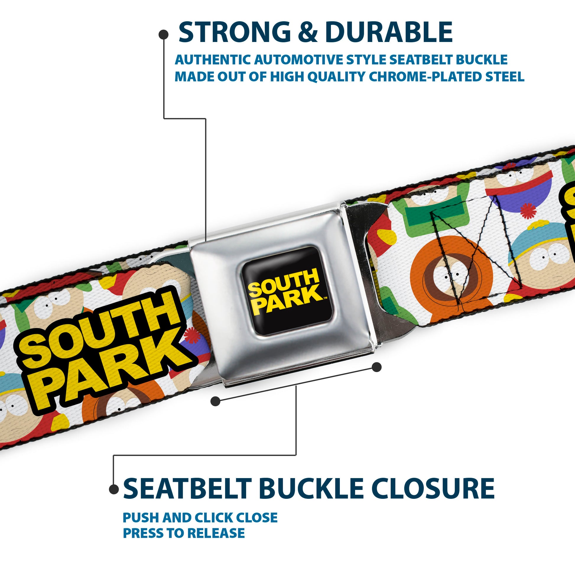 SOUTH PARK Title Logo Full Color Black/Yellow Seatbelt Belt - SOUTH PARK Title Logo and Characters Scattered White Webbing Seatbelt Belts South Park
