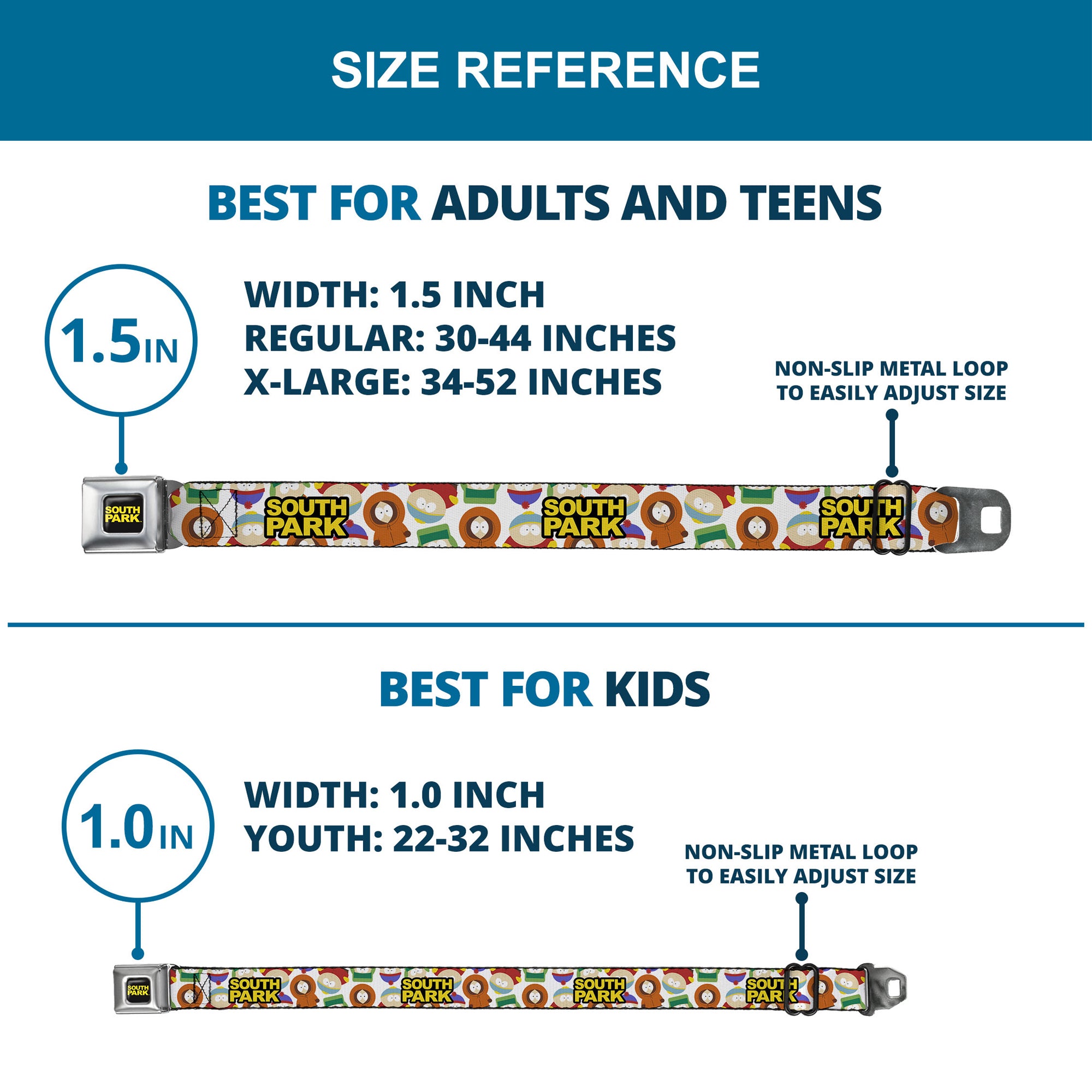 SOUTH PARK Title Logo Full Color Black/Yellow Seatbelt Belt - SOUTH PARK Title Logo and Characters Scattered White Webbing Seatbelt Belts South Park