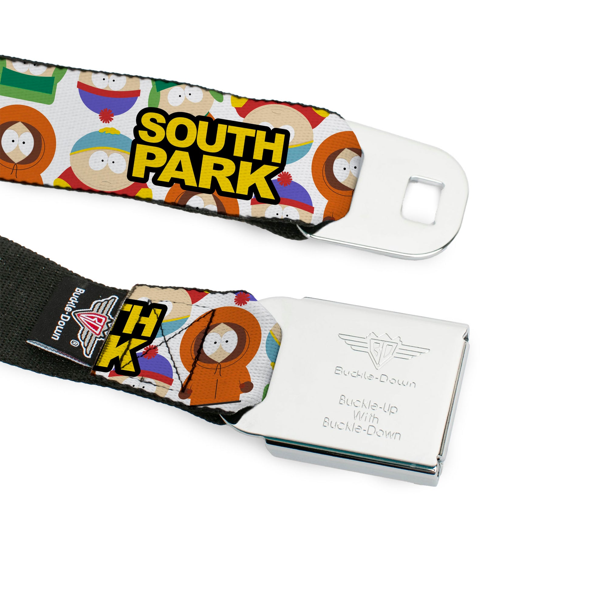 SOUTH PARK Title Logo Full Color Black/Yellow Seatbelt Belt - SOUTH PARK Title Logo and Characters Scattered White Webbing Seatbelt Belts South Park