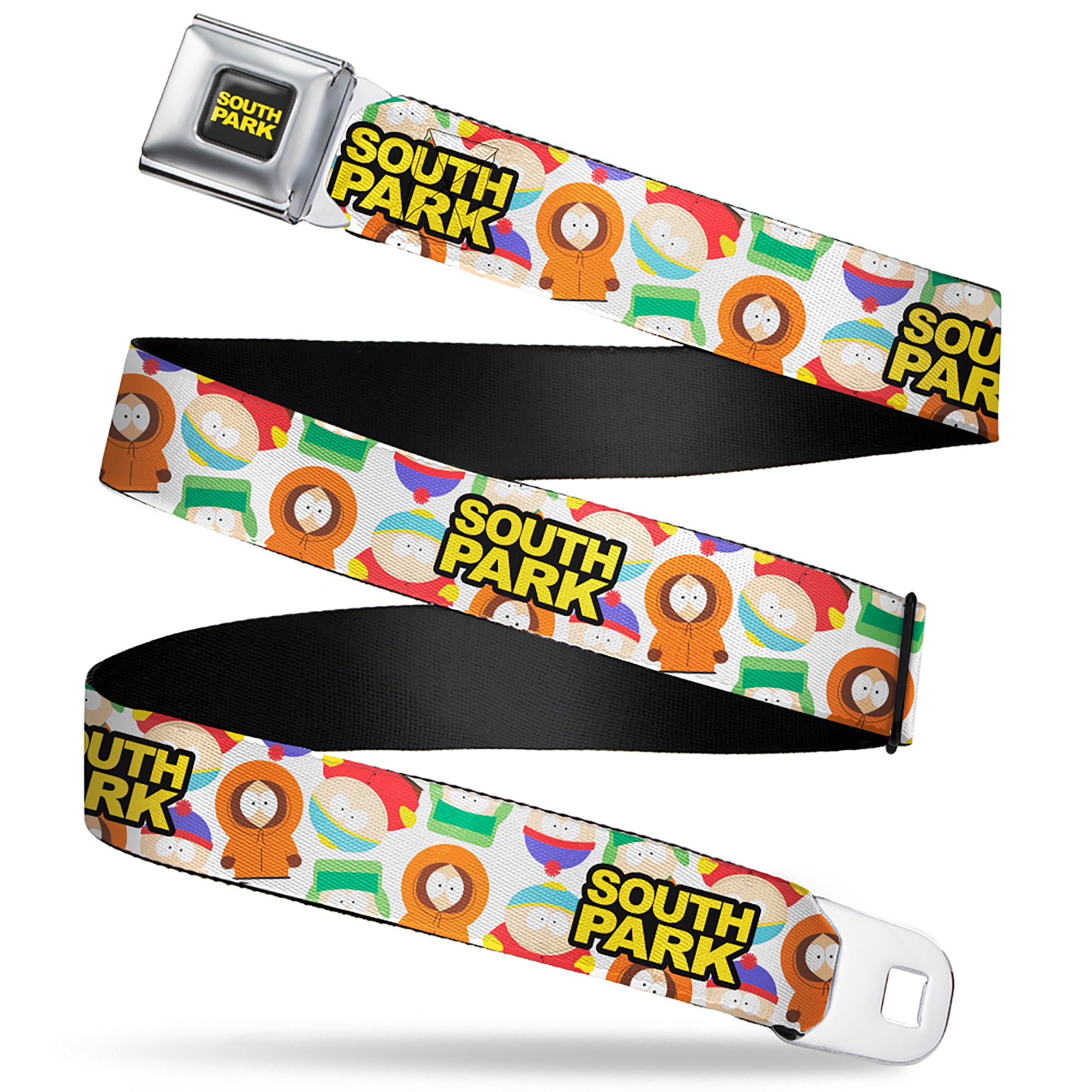 SOUTH PARK Title Logo Full Color Black/Yellow Seatbelt Belt - SOUTH PARK Title Logo and Characters Scattered White Webbing Seatbelt Belts South Park