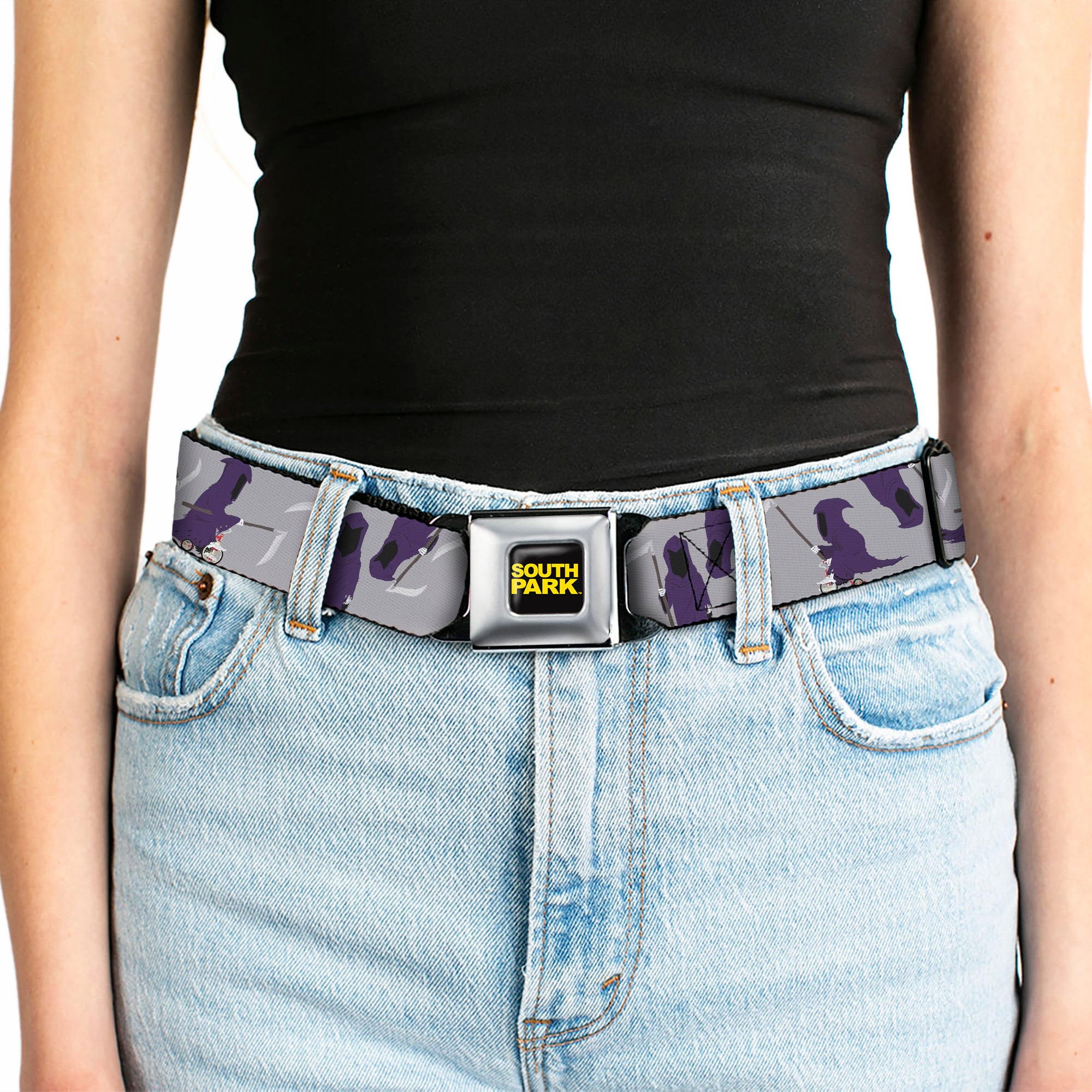 SOUTH PARK Title Logo Full Color Black/Yellow Seatbelt Belt - South Park Death Poses Scattered Gray Webbing Seatbelt Belts South Park