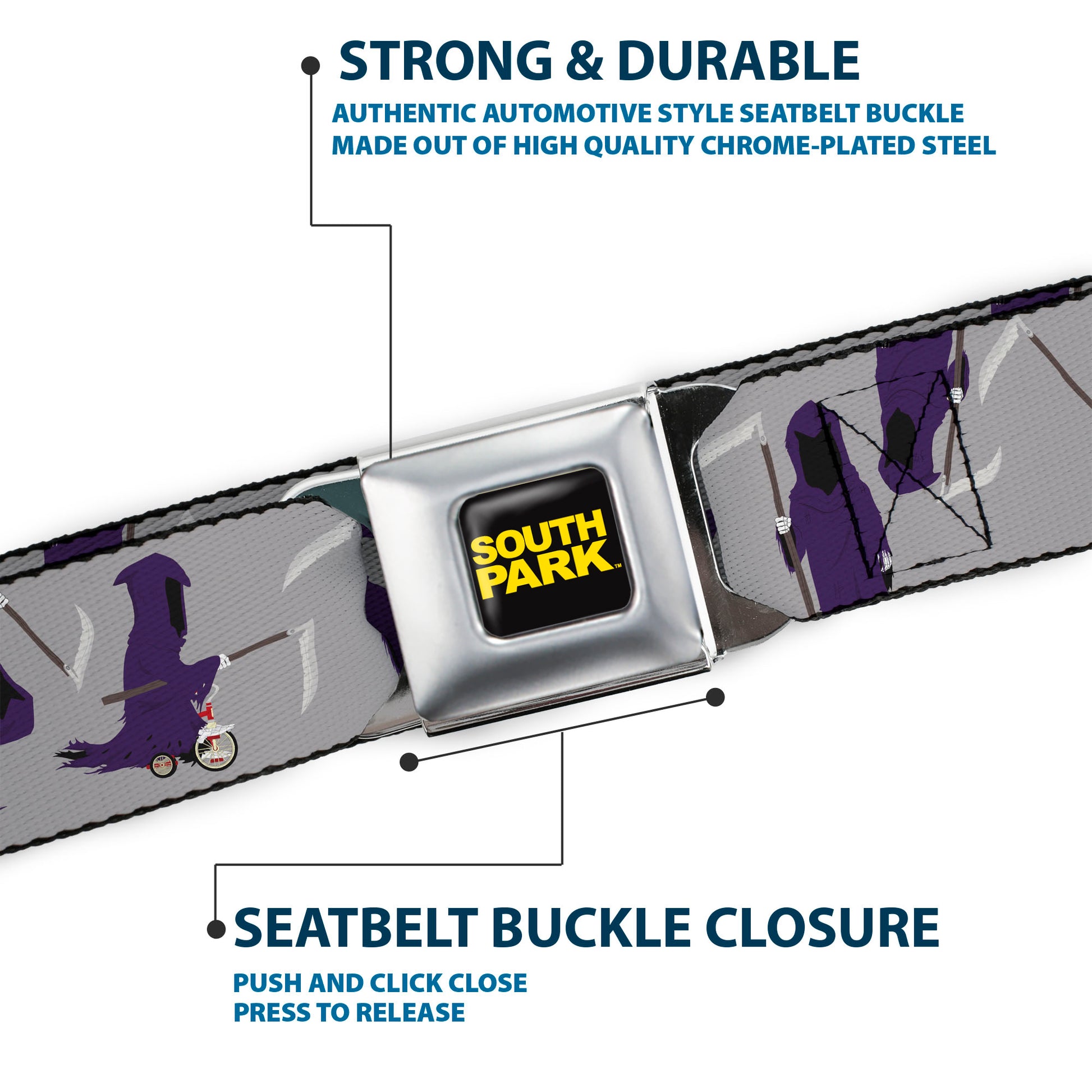 SOUTH PARK Title Logo Full Color Black/Yellow Seatbelt Belt - South Park Death Poses Scattered Gray Webbing Seatbelt Belts South Park