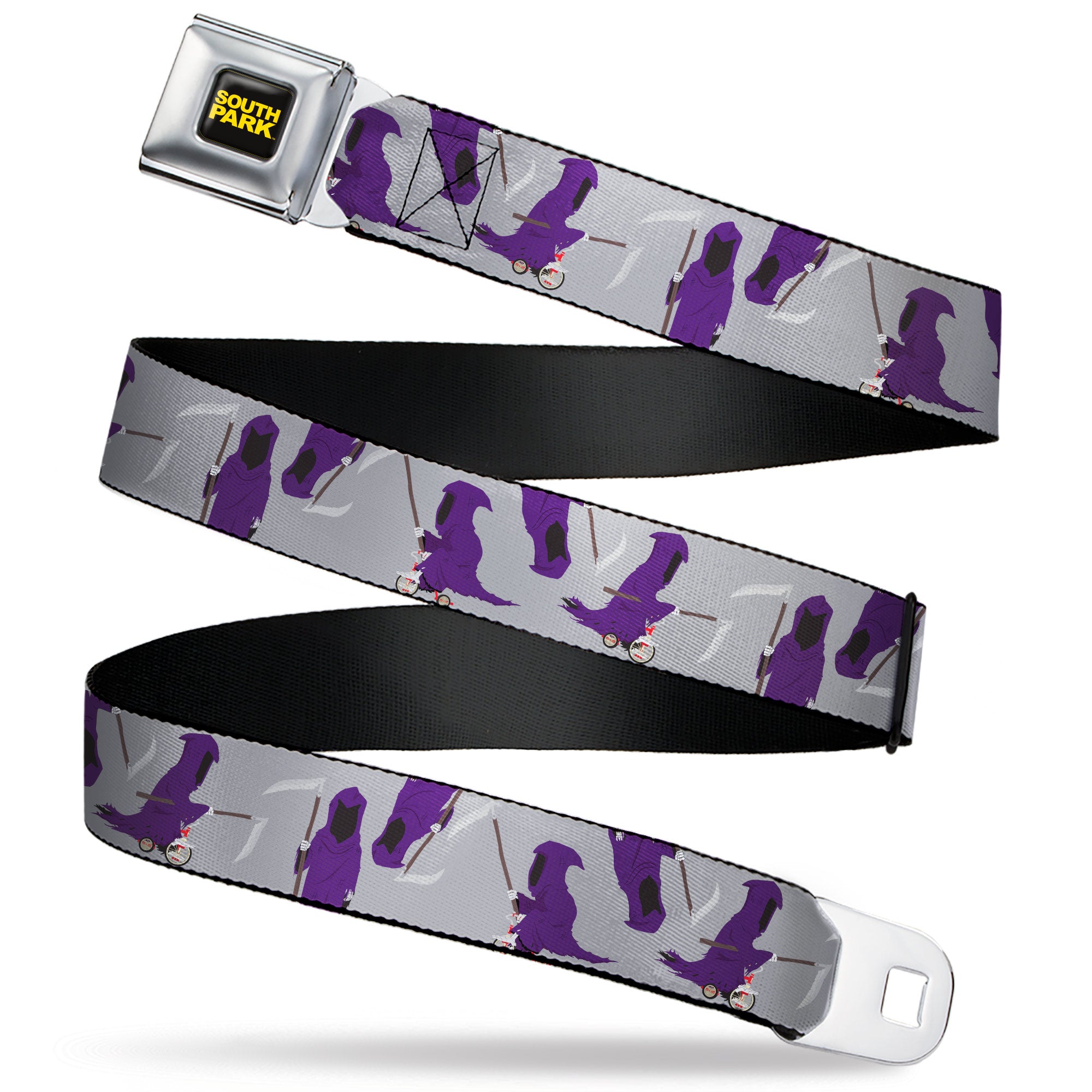 SOUTH PARK Title Logo Full Color Black/Yellow Seatbelt Belt - South Park Death Poses Scattered Gray Webbing Seatbelt Belts South Park