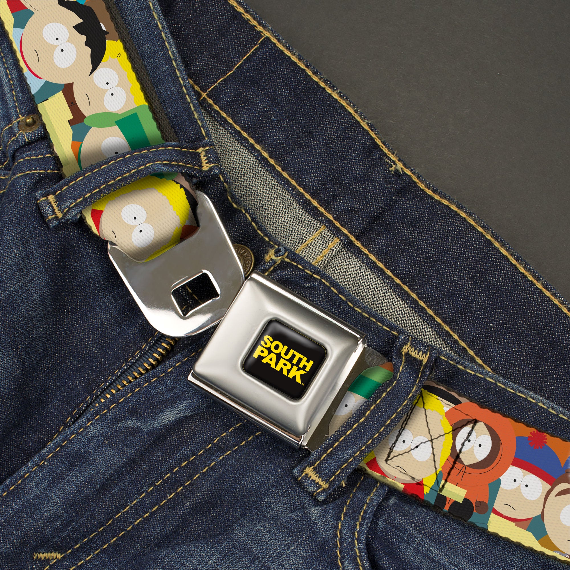 SOUTH PARK Title Logo Full Color Black/Yellow Seatbelt Belt - South Park School Kids Faces Stacked Webbing Seatbelt Belts South Park