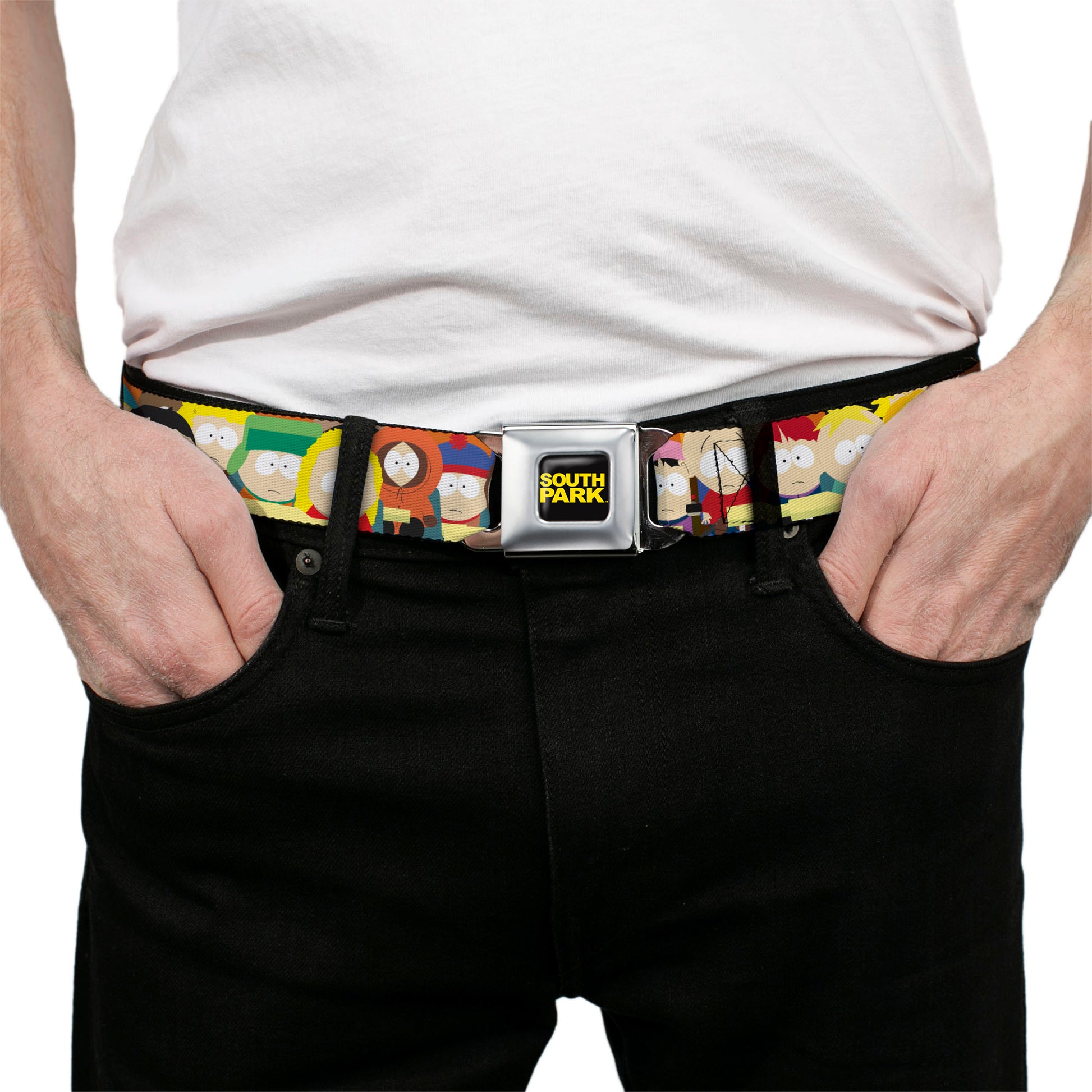SOUTH PARK Title Logo Full Color Black/Yellow Seatbelt Belt - South Park School Kids Faces Stacked Webbing Seatbelt Belts South Park