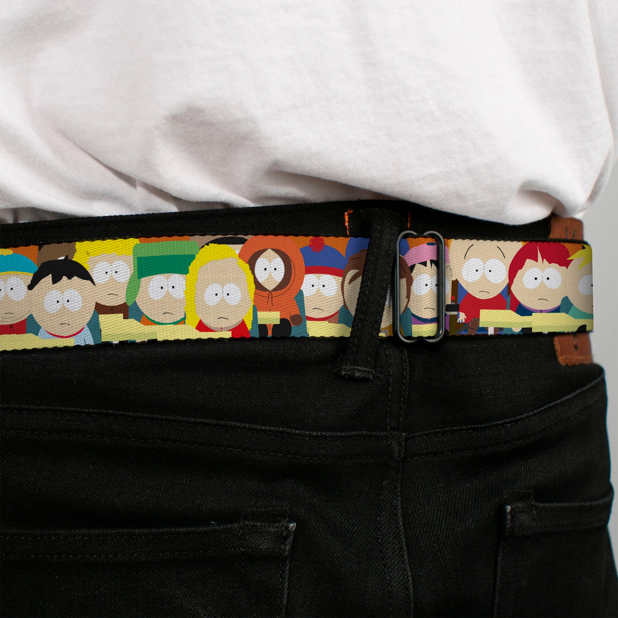 SOUTH PARK Title Logo Full Color Black/Yellow Seatbelt Belt - South Park School Kids Faces Stacked Webbing Seatbelt Belts South Park