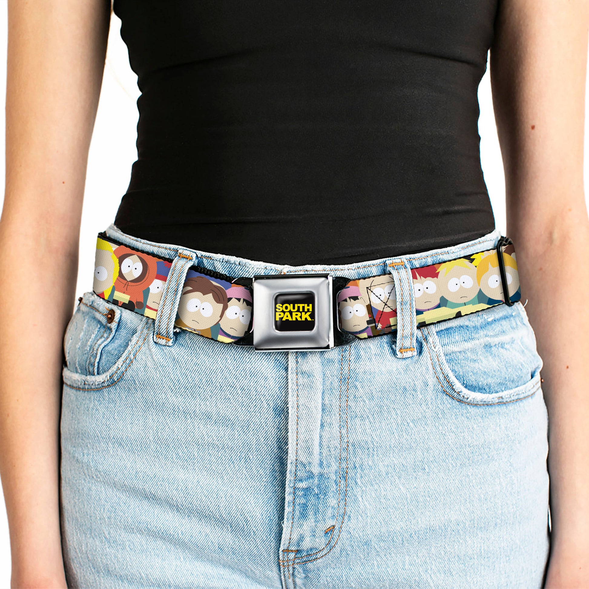 SOUTH PARK Title Logo Full Color Black/Yellow Seatbelt Belt - South Park School Kids Faces Stacked Webbing Seatbelt Belts South Park