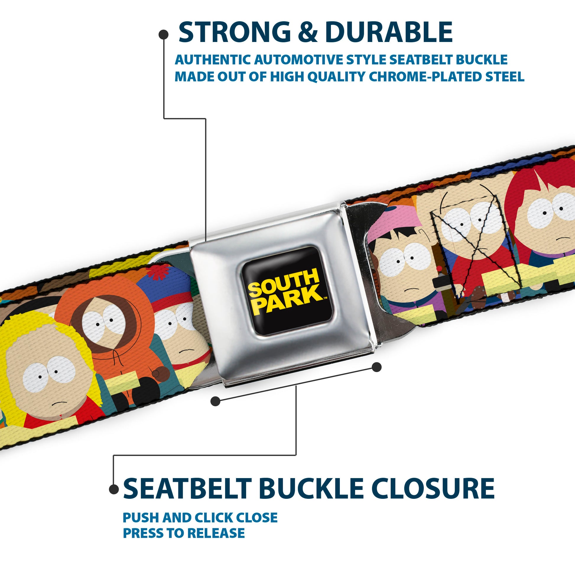 SOUTH PARK Title Logo Full Color Black/Yellow Seatbelt Belt - South Park School Kids Faces Stacked Webbing Seatbelt Belts South Park