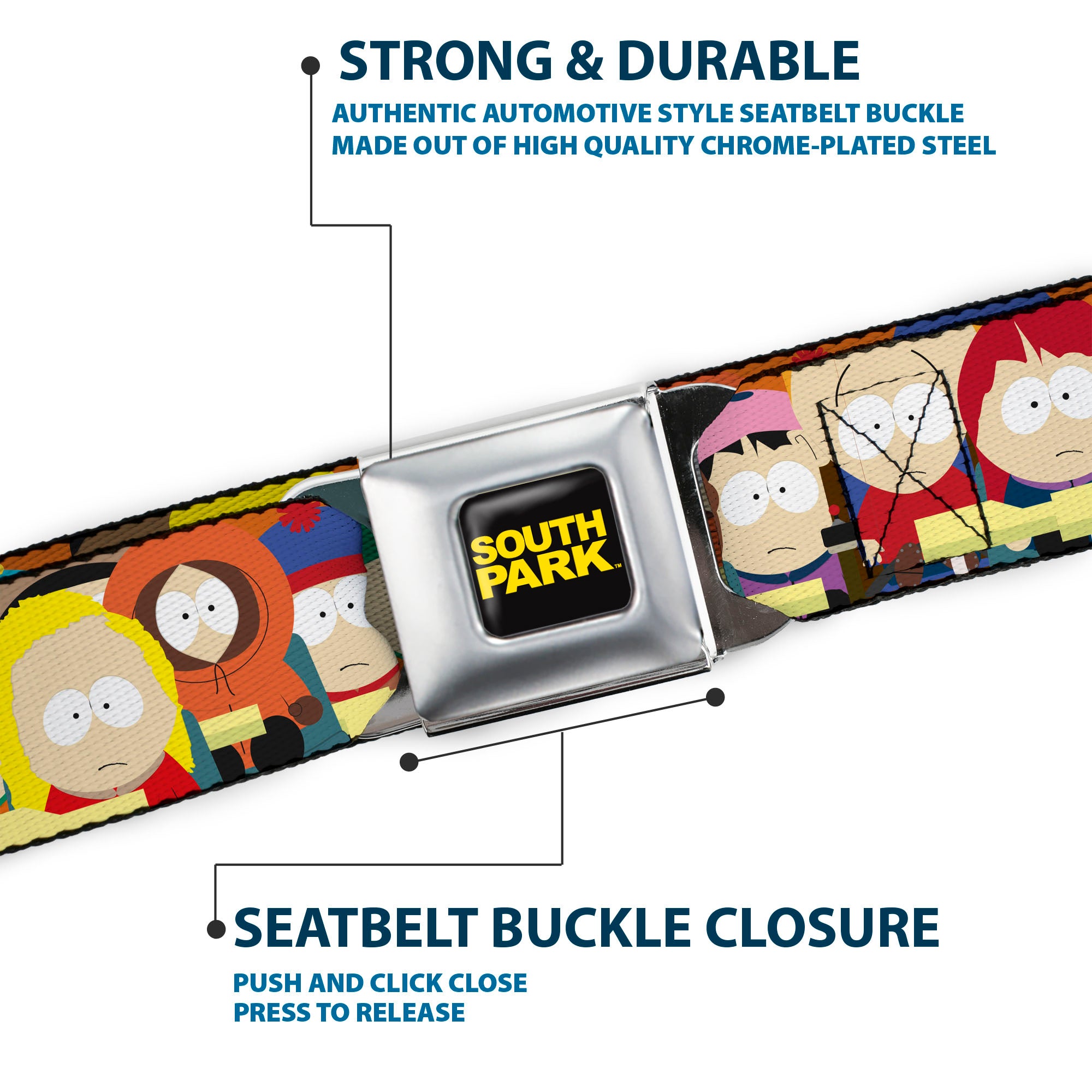 SOUTH PARK Title Logo Full Color Black/Yellow Seatbelt Belt - South Park School Kids Faces Stacked Webbing Seatbelt Belts South Park