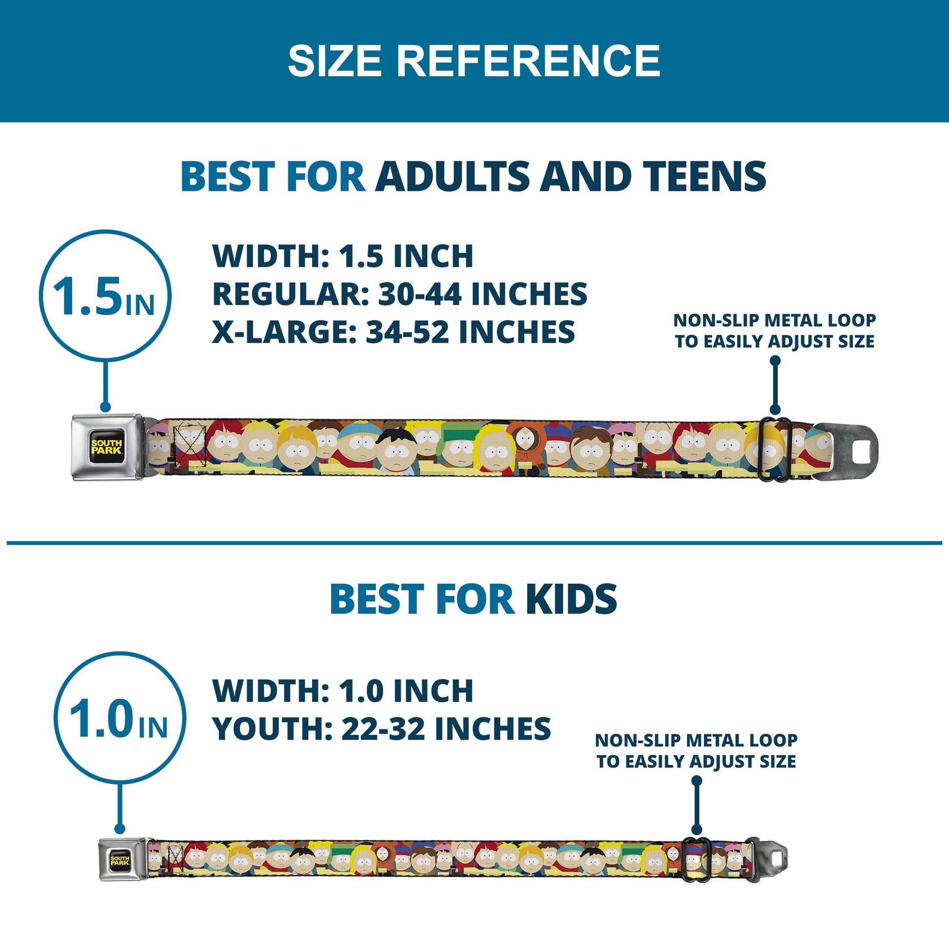 SOUTH PARK Title Logo Full Color Black/Yellow Seatbelt Belt - South Park School Kids Faces Stacked Webbing Seatbelt Belts South Park