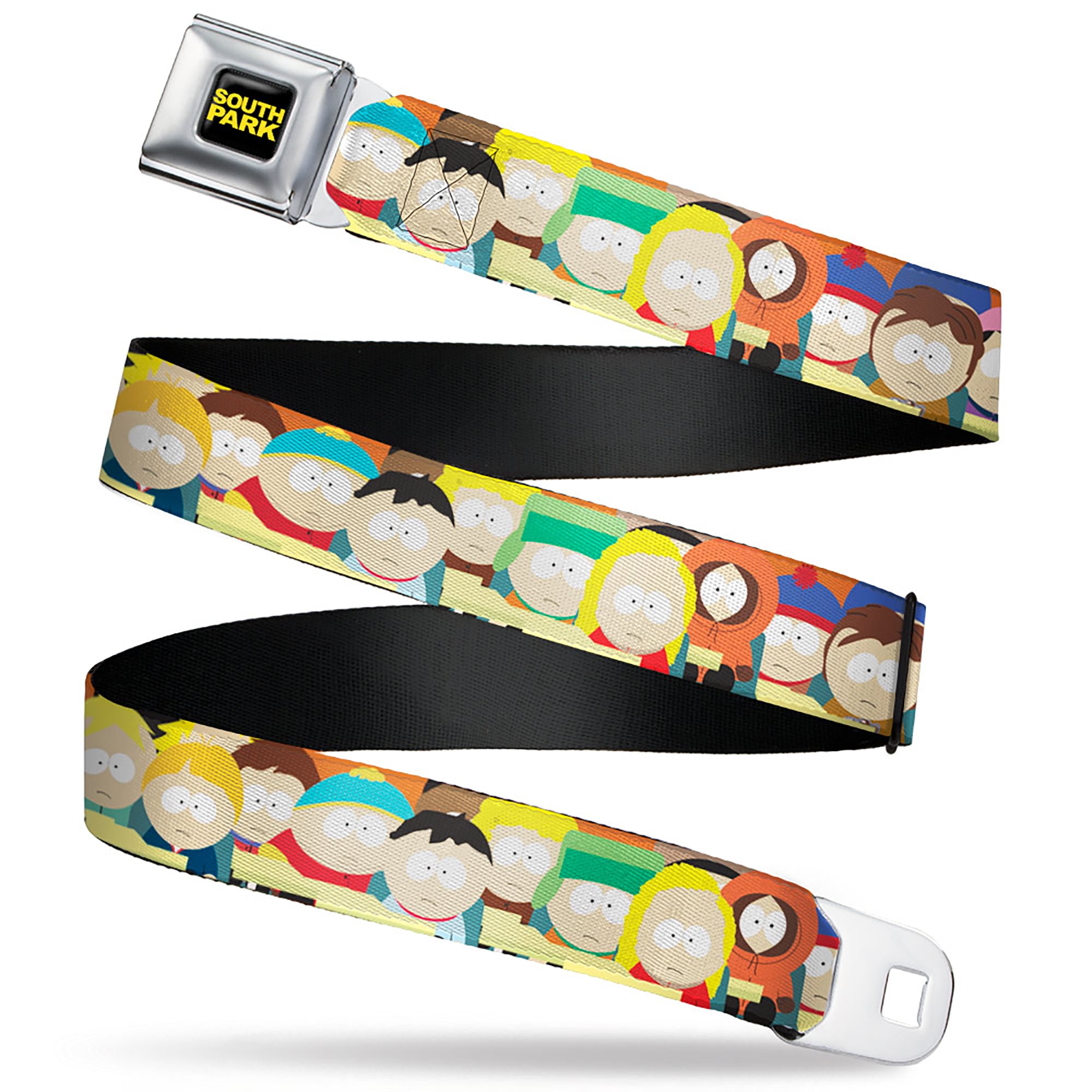 SOUTH PARK Title Logo Full Color Black/Yellow Seatbelt Belt - South Park School Kids Faces Stacked Webbing Seatbelt Belts South Park