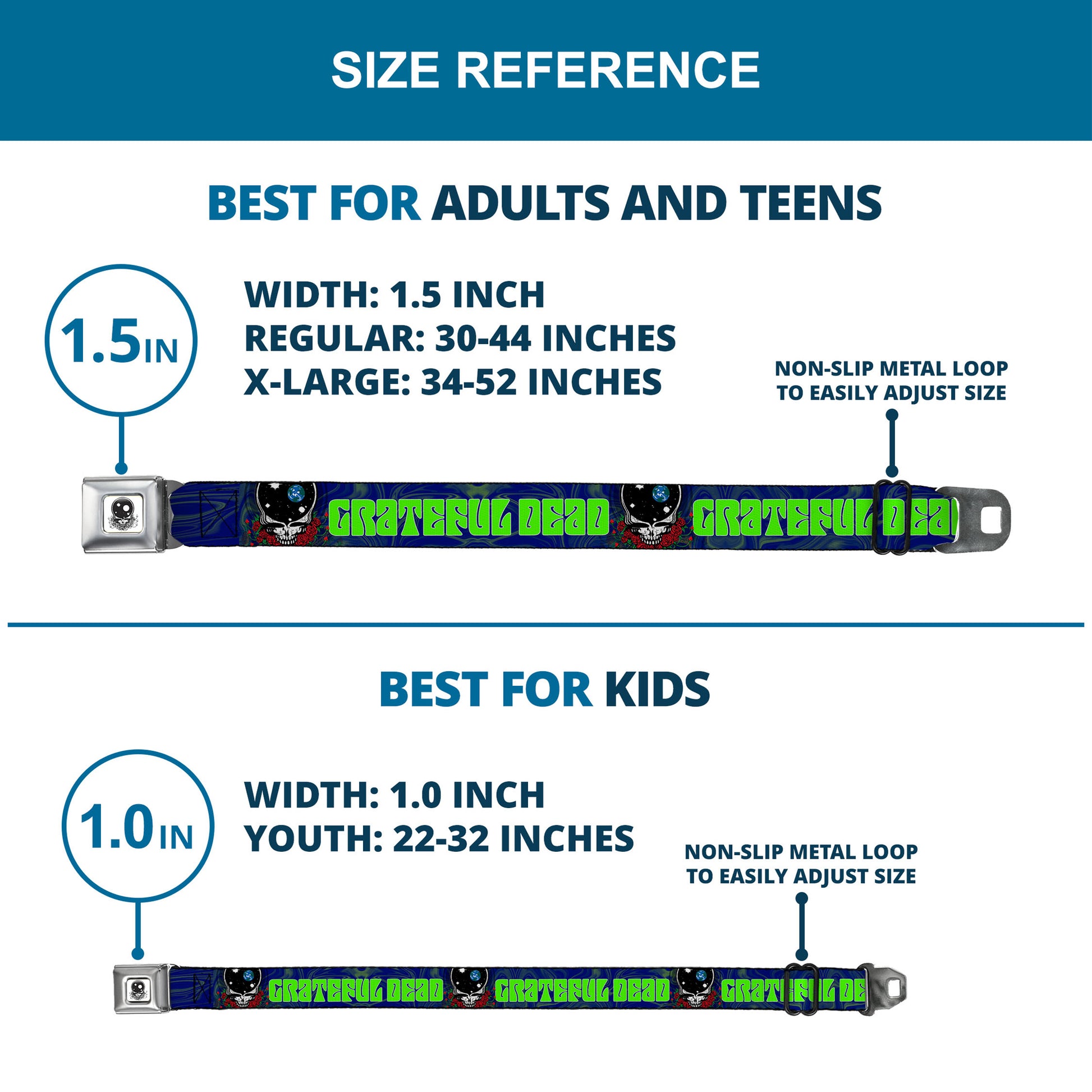 Space Your Face Silver Black Seatbelt Belt - GRATEFUL DEAD Space Your Face CLOSE-UP Swirl Blues/Greens Webbing Seatbelt Belts Grateful Dead