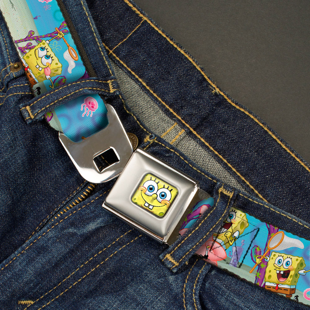 Sponge Bob 3-D Face CLOSE-UP Full Color Seatbelt Belt - SpongeBob & Patrick Starfish Jellyfishing Scenes Webbing Seatbelt Belts SpongeBob SquarePants
