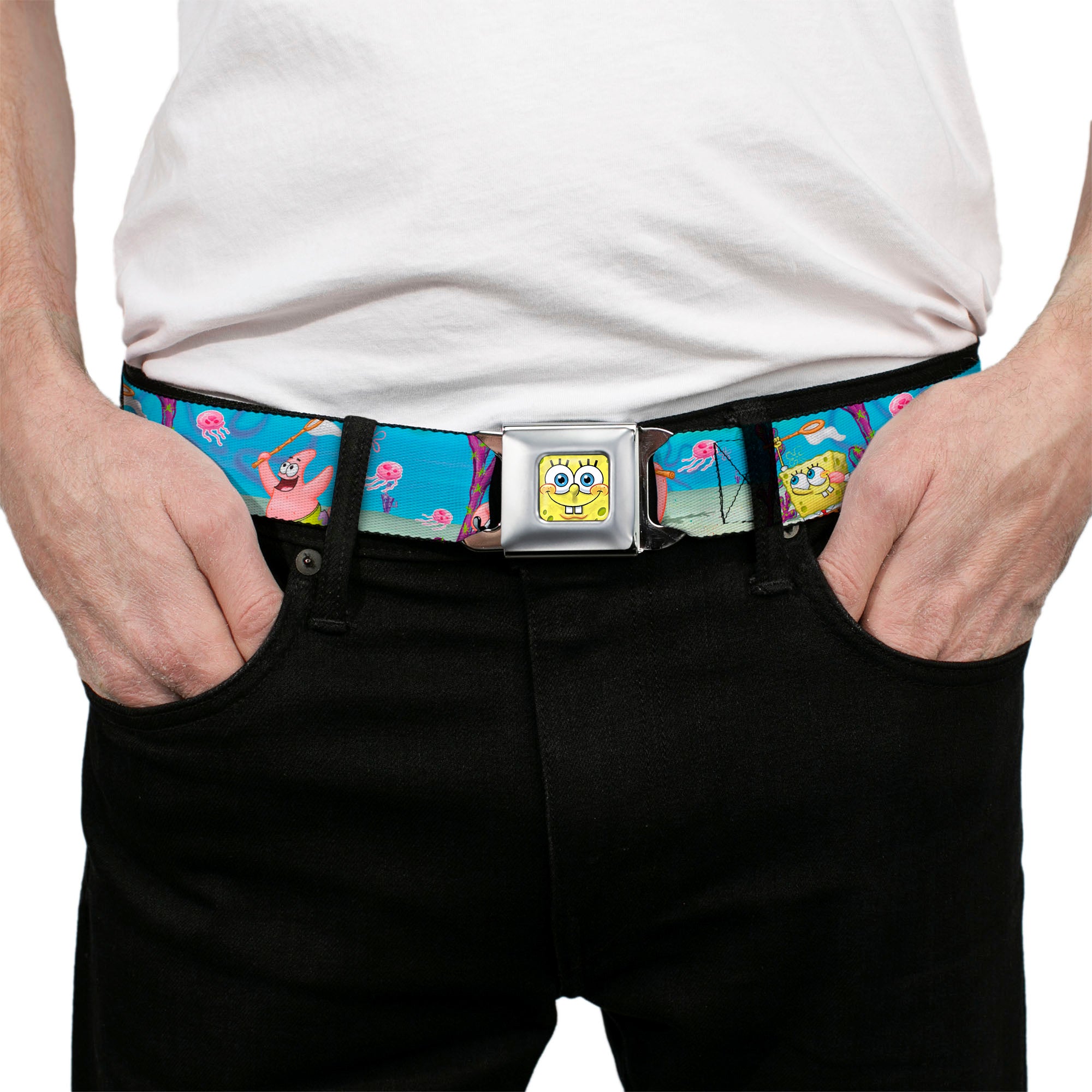 Sponge Bob 3-D Face CLOSE-UP Full Color Seatbelt Belt - SpongeBob & Patrick Starfish Jellyfishing Scenes Webbing Seatbelt Belts SpongeBob SquarePants