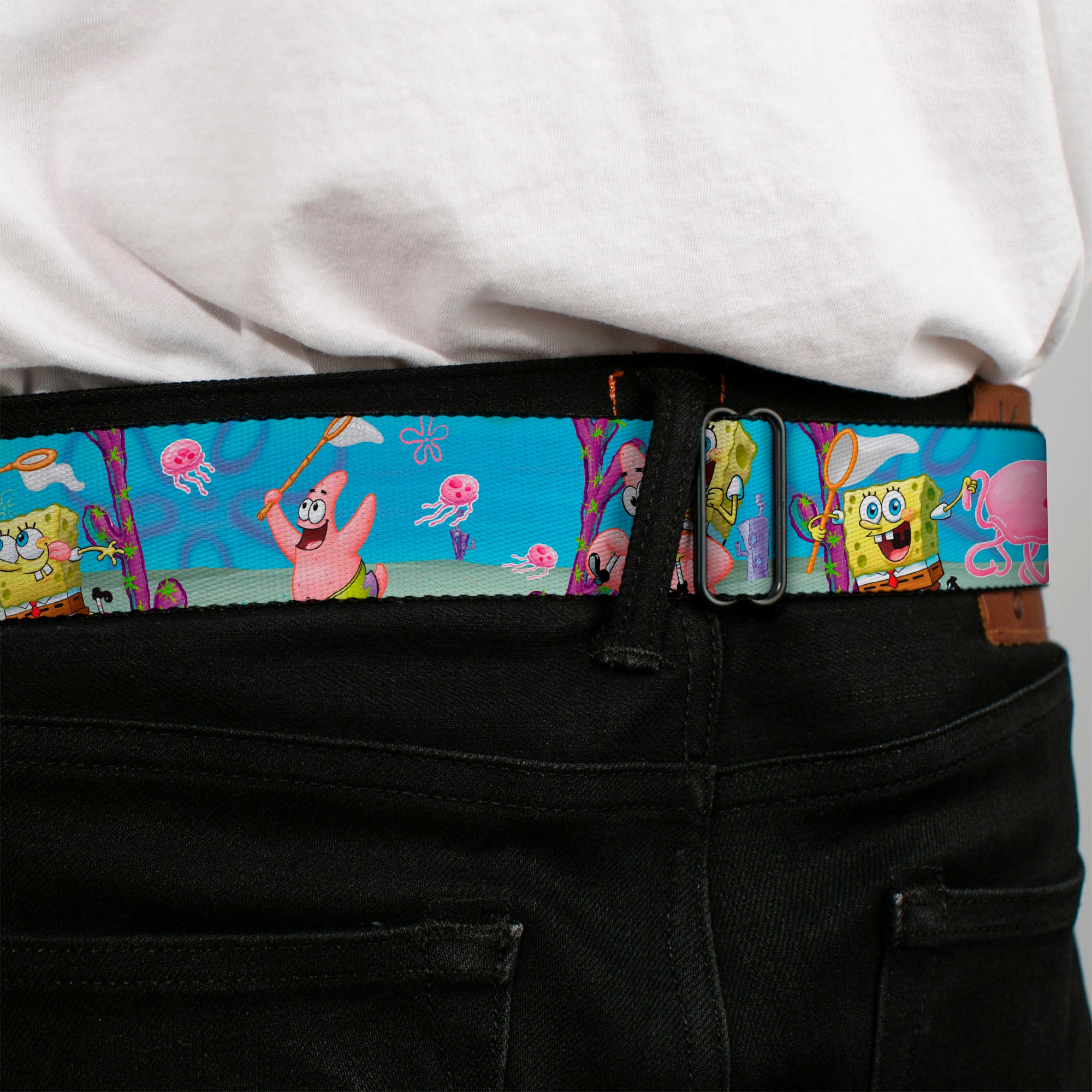 Sponge Bob 3-D Face CLOSE-UP Full Color Seatbelt Belt - SpongeBob & Patrick Starfish Jellyfishing Scenes Webbing Seatbelt Belts SpongeBob SquarePants