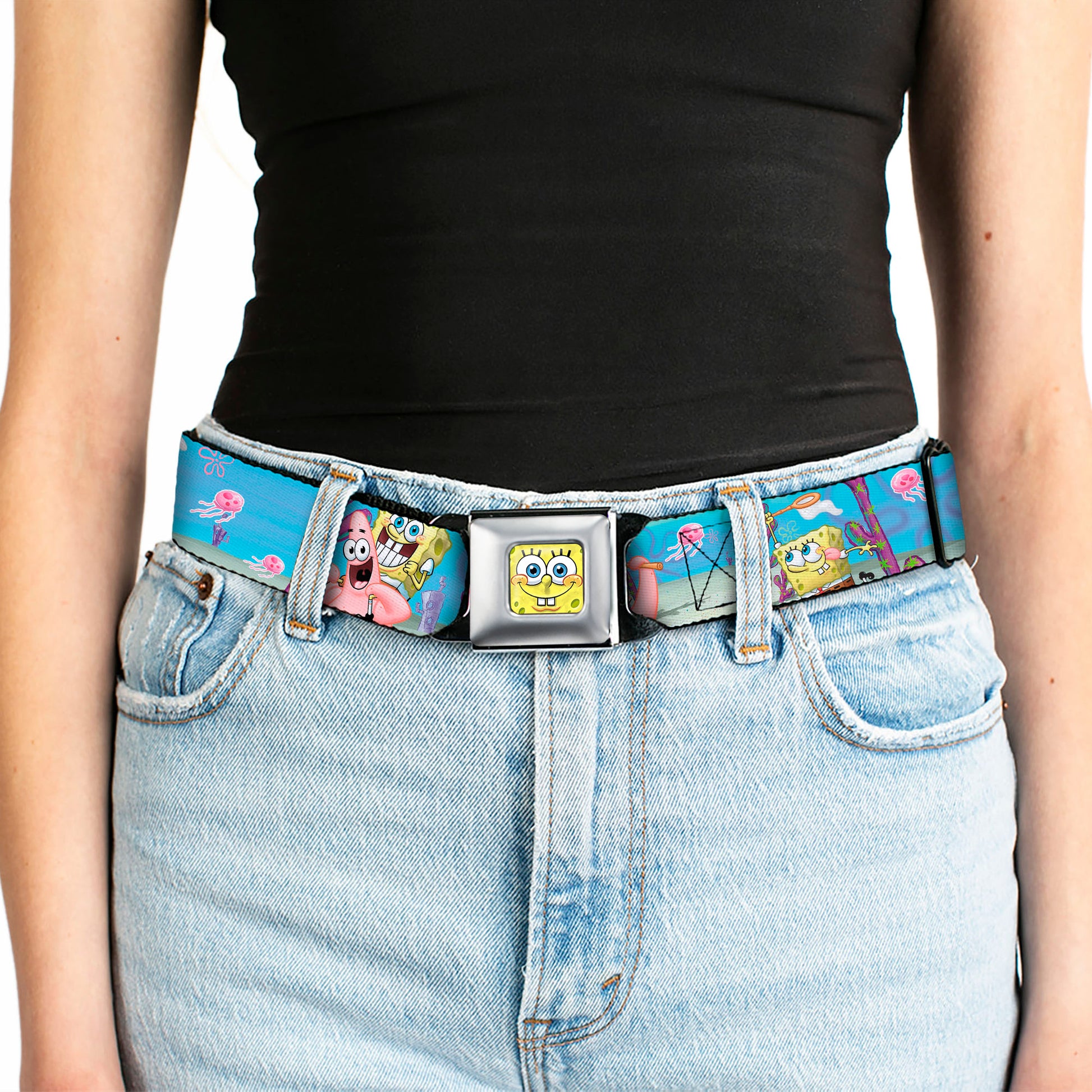 Sponge Bob 3-D Face CLOSE-UP Full Color Seatbelt Belt - SpongeBob & Patrick Starfish Jellyfishing Scenes Webbing Seatbelt Belts SpongeBob SquarePants