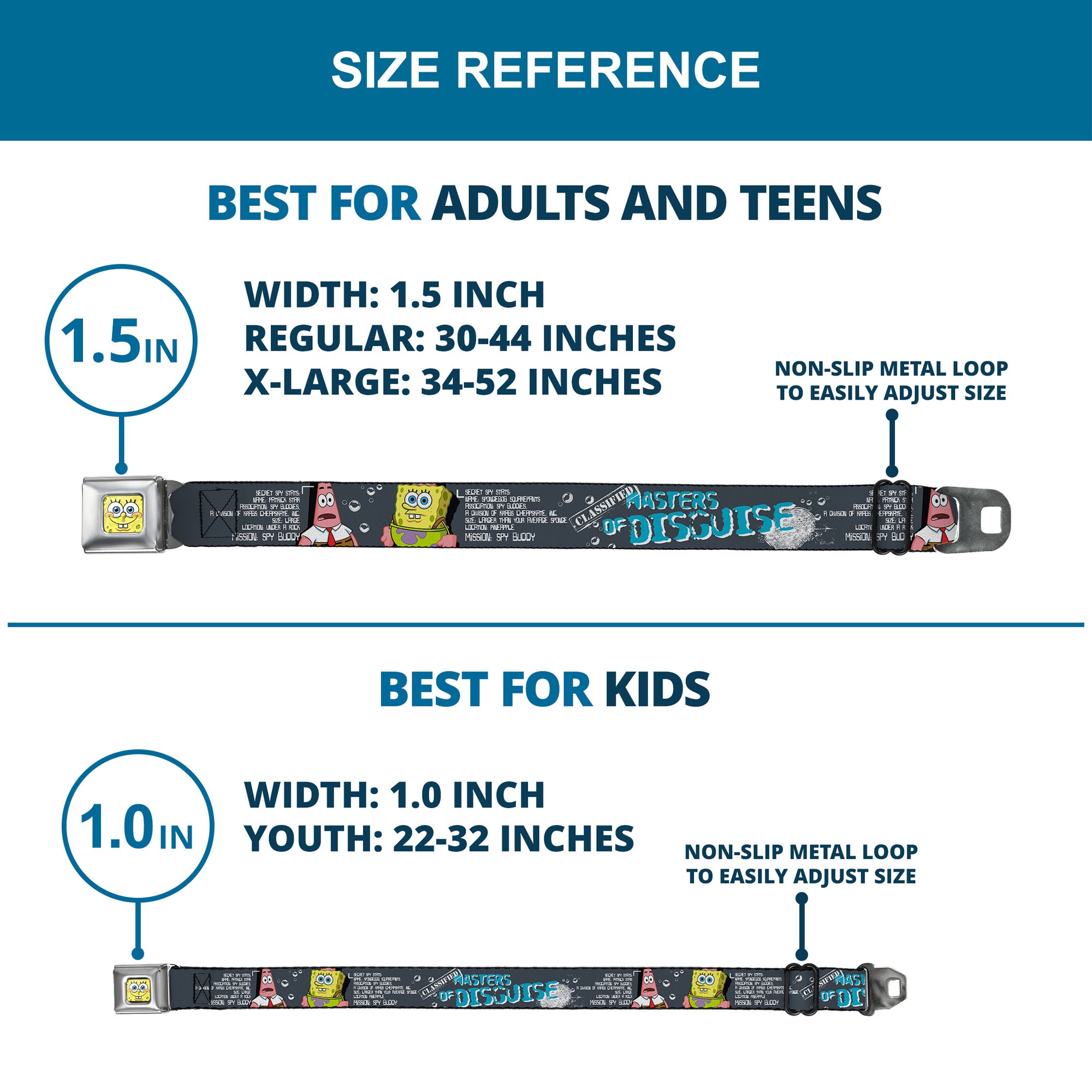 SpongeBob 3-D Face CLOSE-UP Full Color Seatbelt Belt - SpongeBob & Patrick Starfish/Spy Profile MASTERS OF DISGUISE Webbing Seatbelt Belts SpongeBob SquarePants