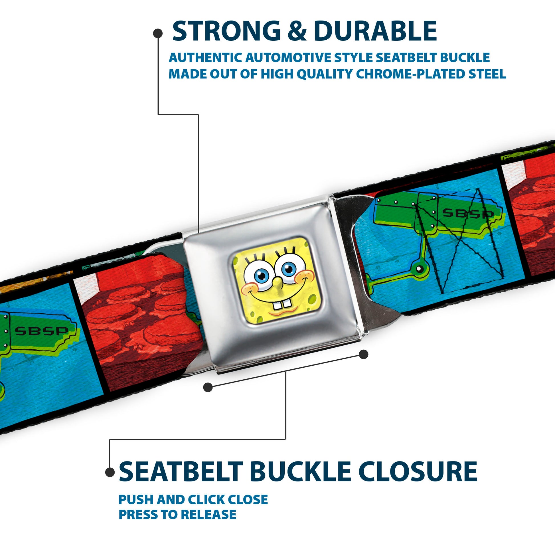 Sponge Bob 3-D Face CLOSE-UP Full Color Seatbelt Belt - Krusty Krab's Cam Scene Blocks Webbing Seatbelt Belts SpongeBob SquarePants