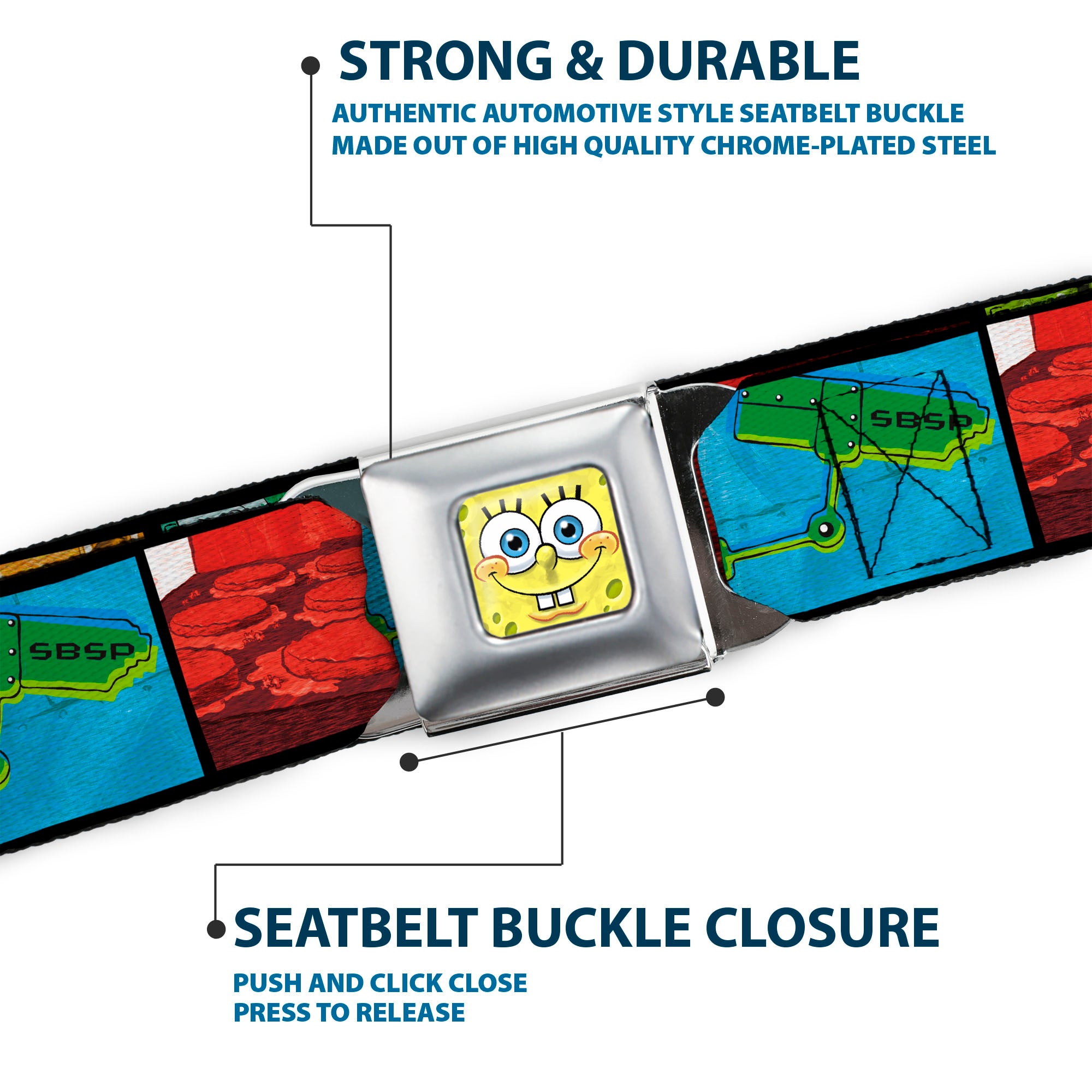 Sponge Bob 3-D Face CLOSE-UP Full Color Seatbelt Belt - Krusty Krab's Cam Scene Blocks Webbing Seatbelt Belts SpongeBob SquarePants