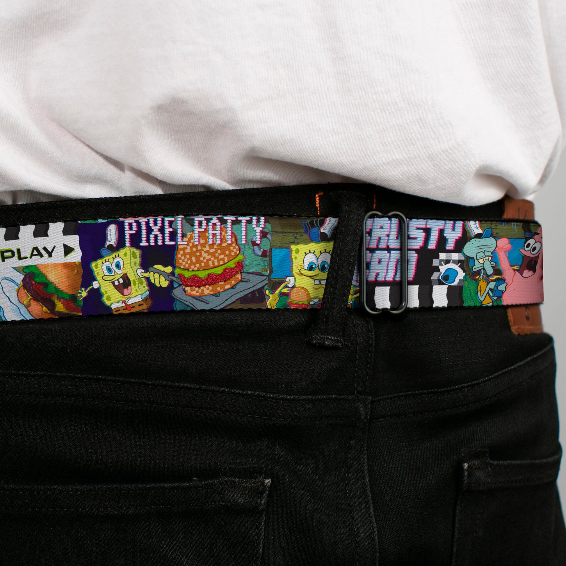 Sponge Bob 3-D Face CLOSE-UP Full Color Seatbelt Belt - Krusty Krab Cam Scenes PIXEL PATTY-KRUSTY CAM Webbing Seatbelt Belts SpongeBob SquarePants