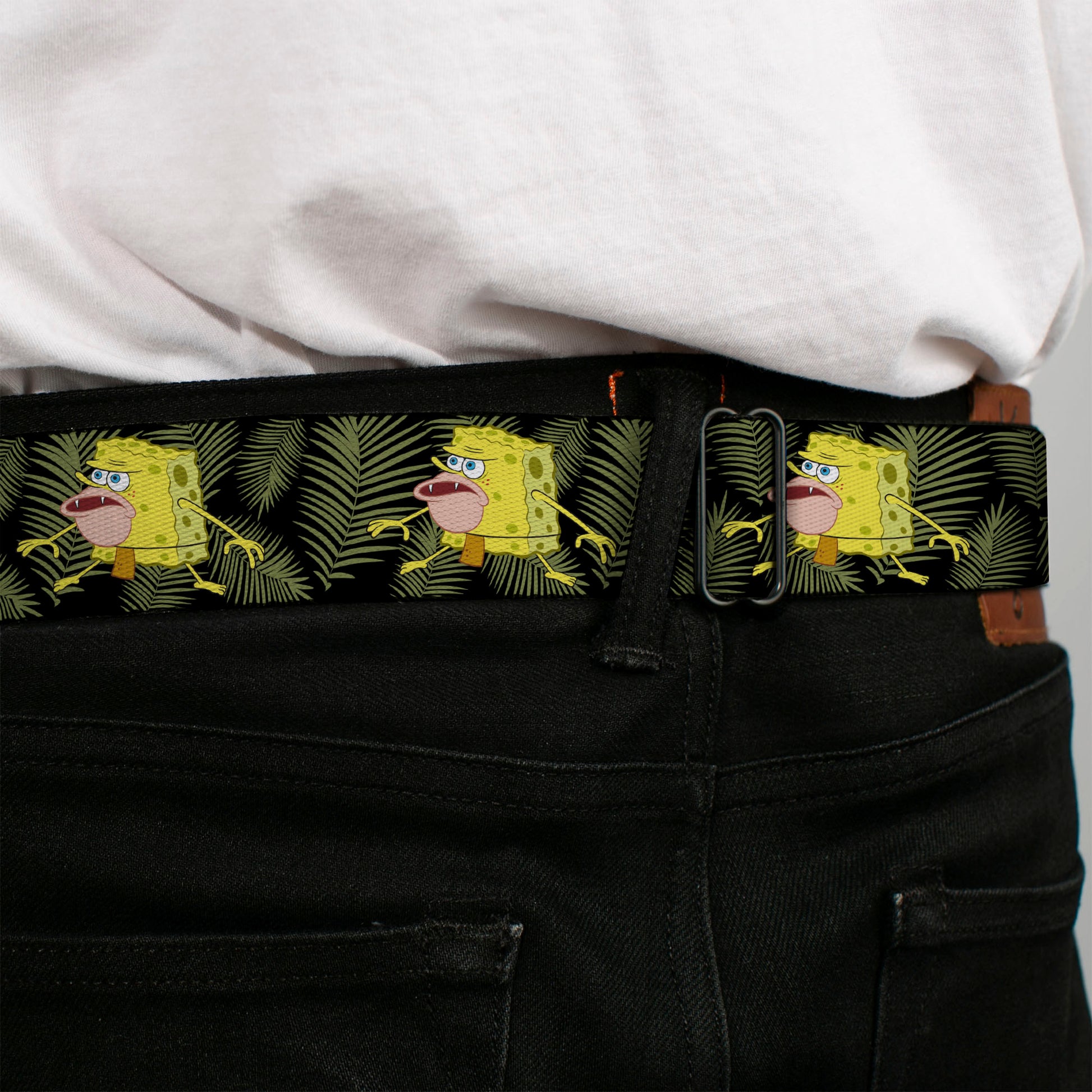 SpongeBob SquarePants Logo2 Full Color Black Seatbelt Belt - Primitive Sponge Pose/Leaves Black/Green Webbing Seatbelt Belts SpongeBob SquarePants