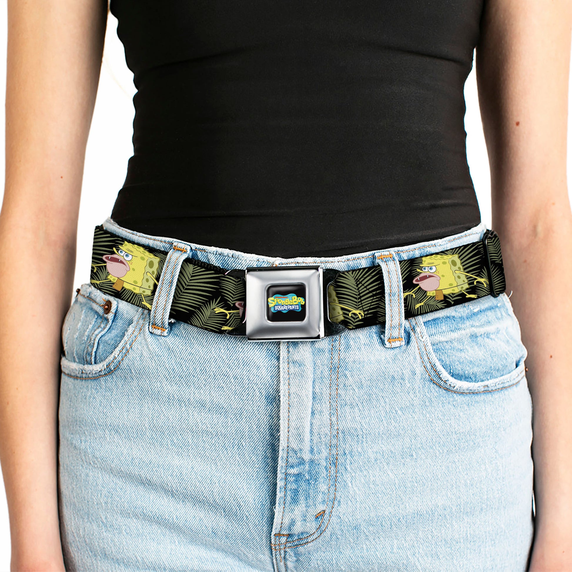 SpongeBob SquarePants Logo2 Full Color Black Seatbelt Belt - Primitive Sponge Pose/Leaves Black/Green Webbing Seatbelt Belts SpongeBob SquarePants