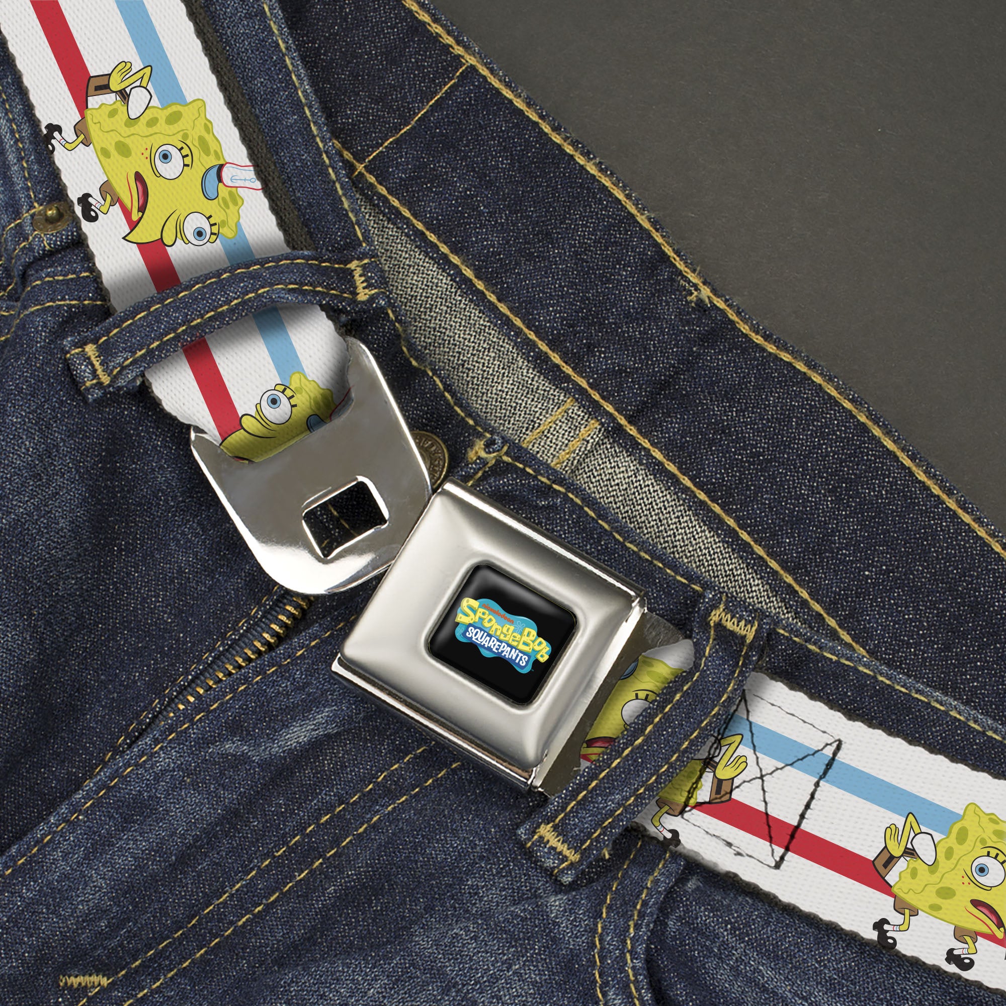 SpongeBob SquarePants Logo2 Full Color Black Seatbelt Belt - Mocking SpongeBob Pose Stripe White/Blue/Red Webbing Seatbelt Belts SpongeBob SquarePants