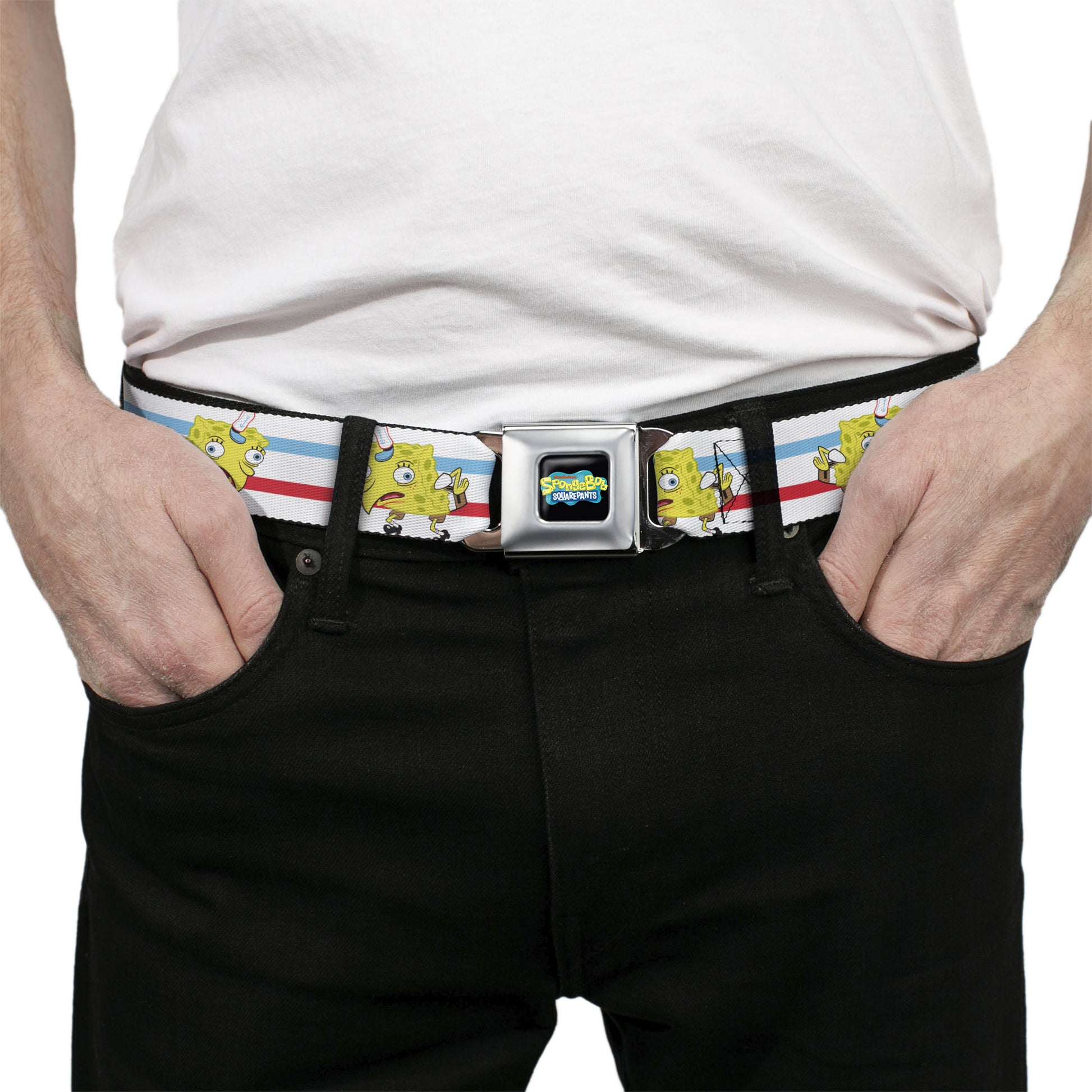 SpongeBob SquarePants Logo2 Full Color Black Seatbelt Belt - Mocking SpongeBob Pose Stripe White/Blue/Red Webbing Seatbelt Belts SpongeBob SquarePants