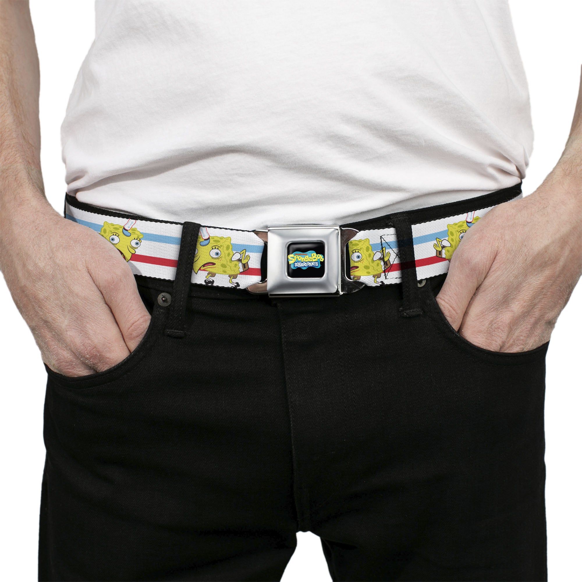 SpongeBob SquarePants Logo2 Full Color Black Seatbelt Belt - Mocking SpongeBob Pose Stripe White/Blue/Red Webbing Seatbelt Belts SpongeBob SquarePants