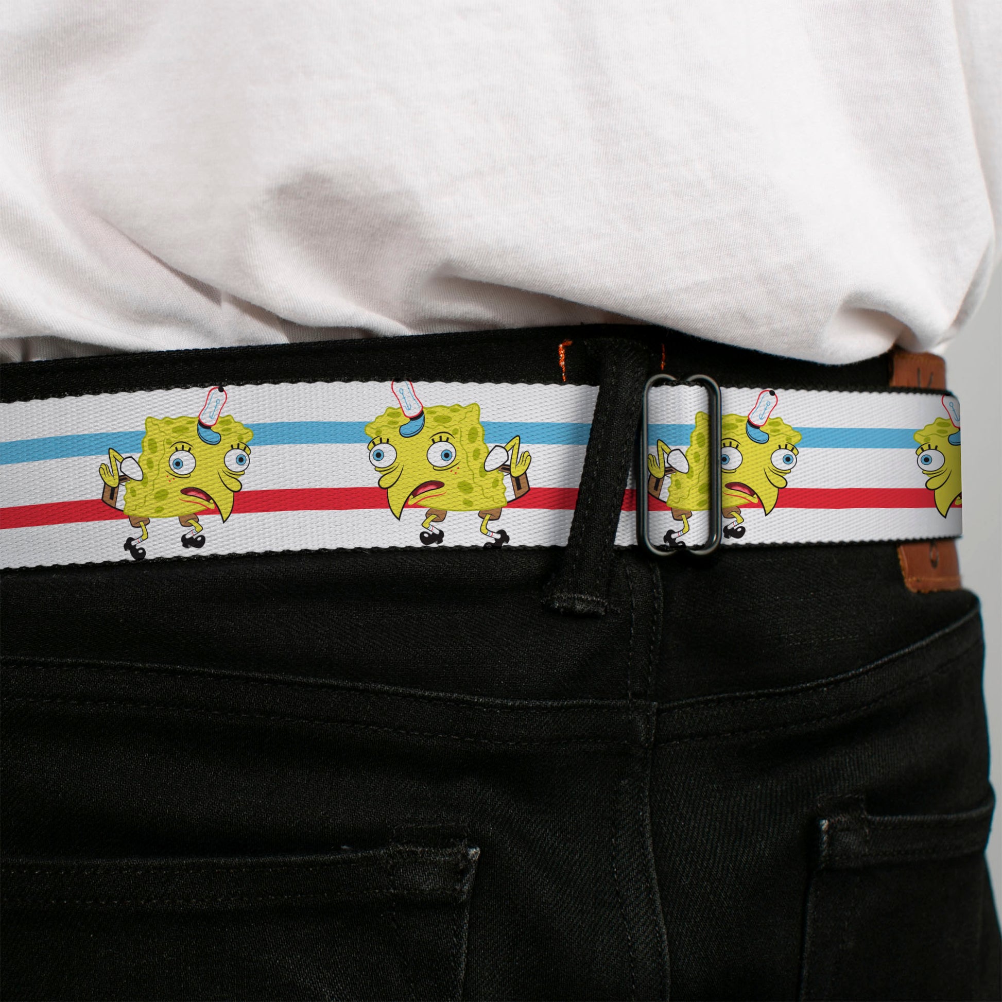 SpongeBob SquarePants Logo2 Full Color Black Seatbelt Belt - Mocking SpongeBob Pose Stripe White/Blue/Red Webbing Seatbelt Belts SpongeBob SquarePants