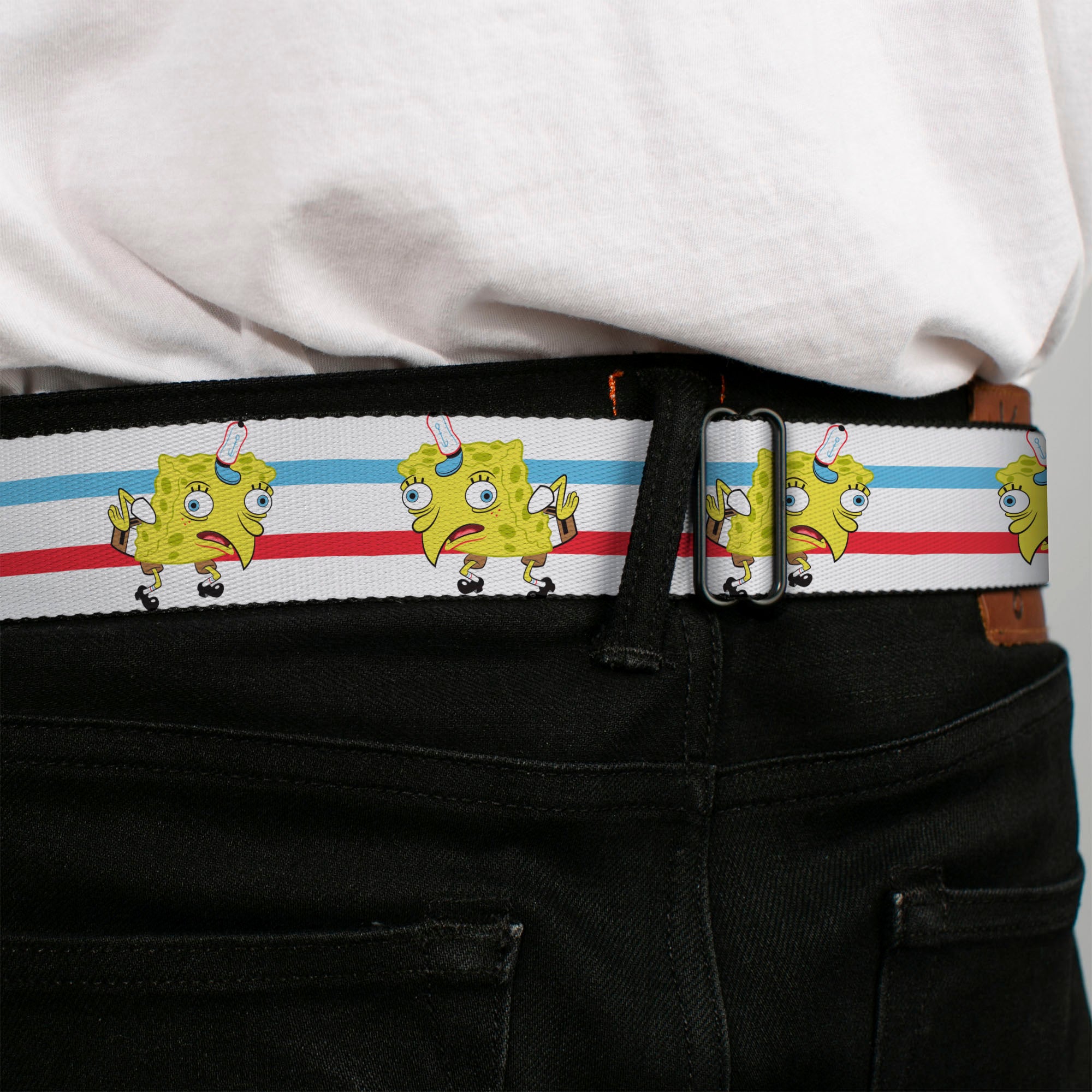 SpongeBob SquarePants Logo2 Full Color Black Seatbelt Belt - Mocking SpongeBob Pose Stripe White/Blue/Red Webbing Seatbelt Belts SpongeBob SquarePants