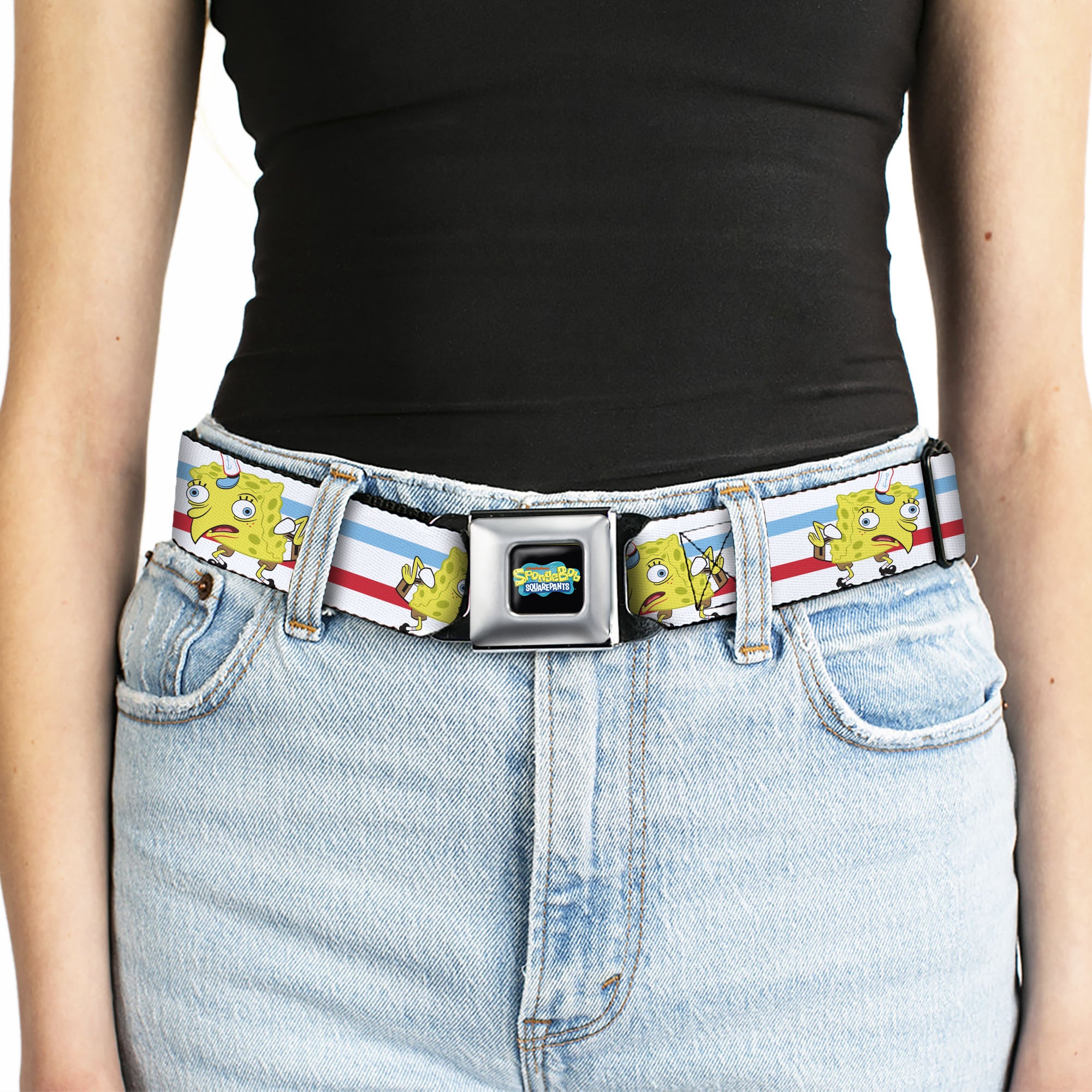 SpongeBob SquarePants Logo2 Full Color Black Seatbelt Belt - Mocking SpongeBob Pose Stripe White/Blue/Red Webbing Seatbelt Belts SpongeBob SquarePants