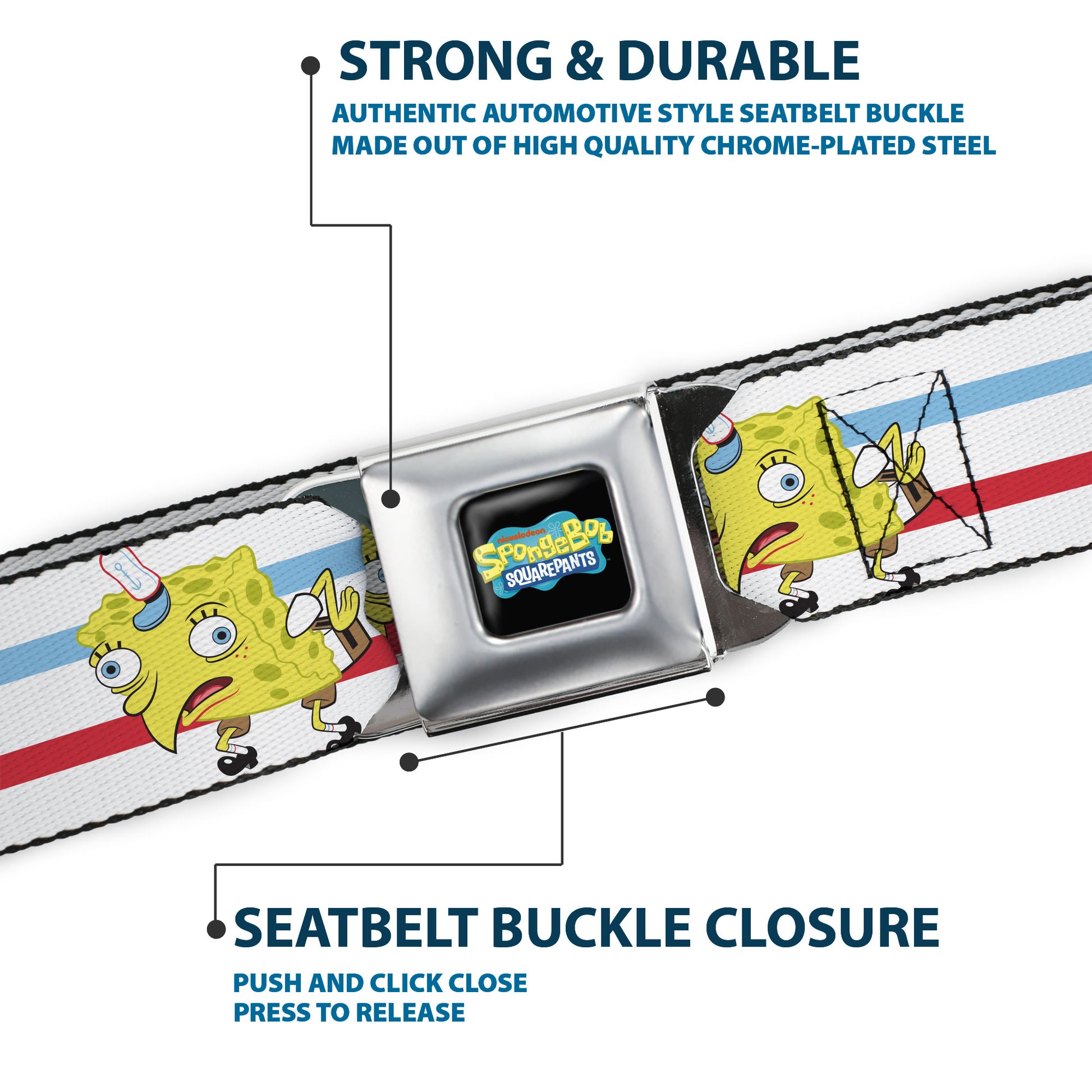 SpongeBob SquarePants Logo2 Full Color Black Seatbelt Belt - Mocking SpongeBob Pose Stripe White/Blue/Red Webbing Seatbelt Belts SpongeBob SquarePants