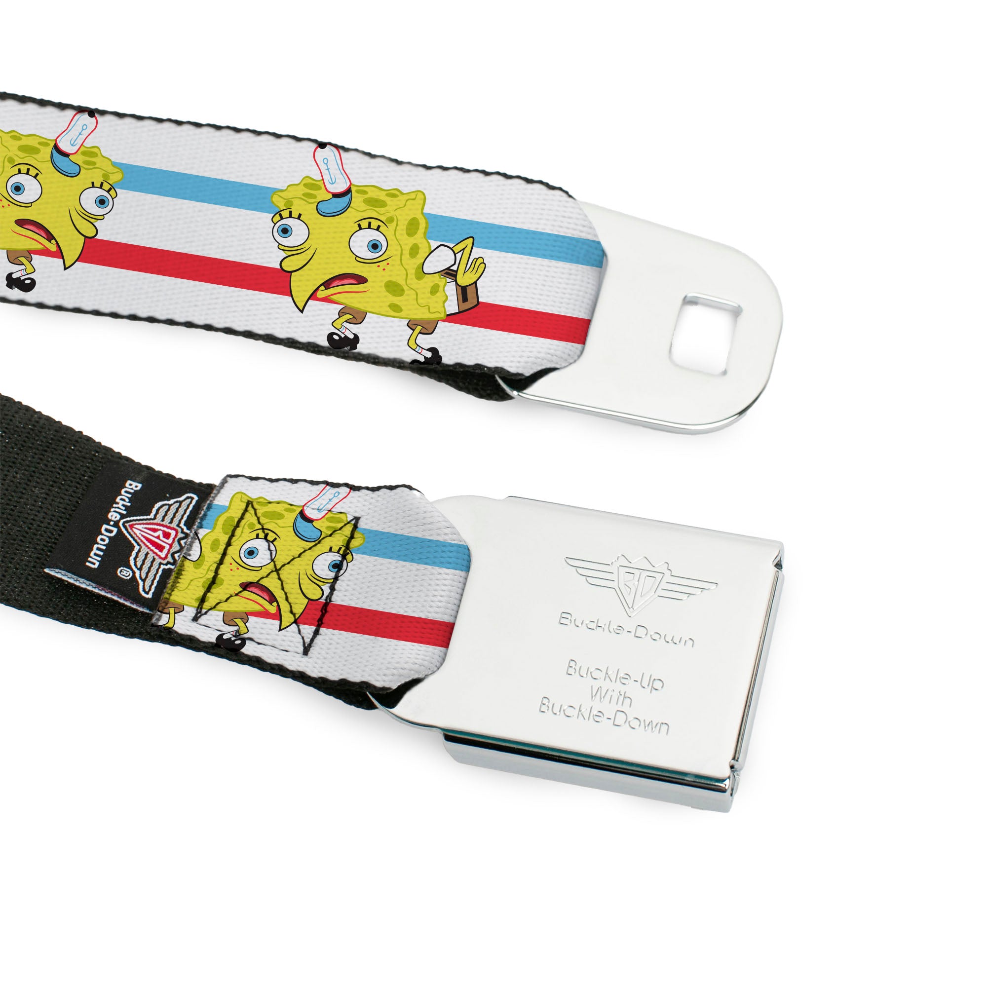 SpongeBob SquarePants Logo2 Full Color Black Seatbelt Belt - Mocking SpongeBob Pose Stripe White/Blue/Red Webbing Seatbelt Belts SpongeBob SquarePants