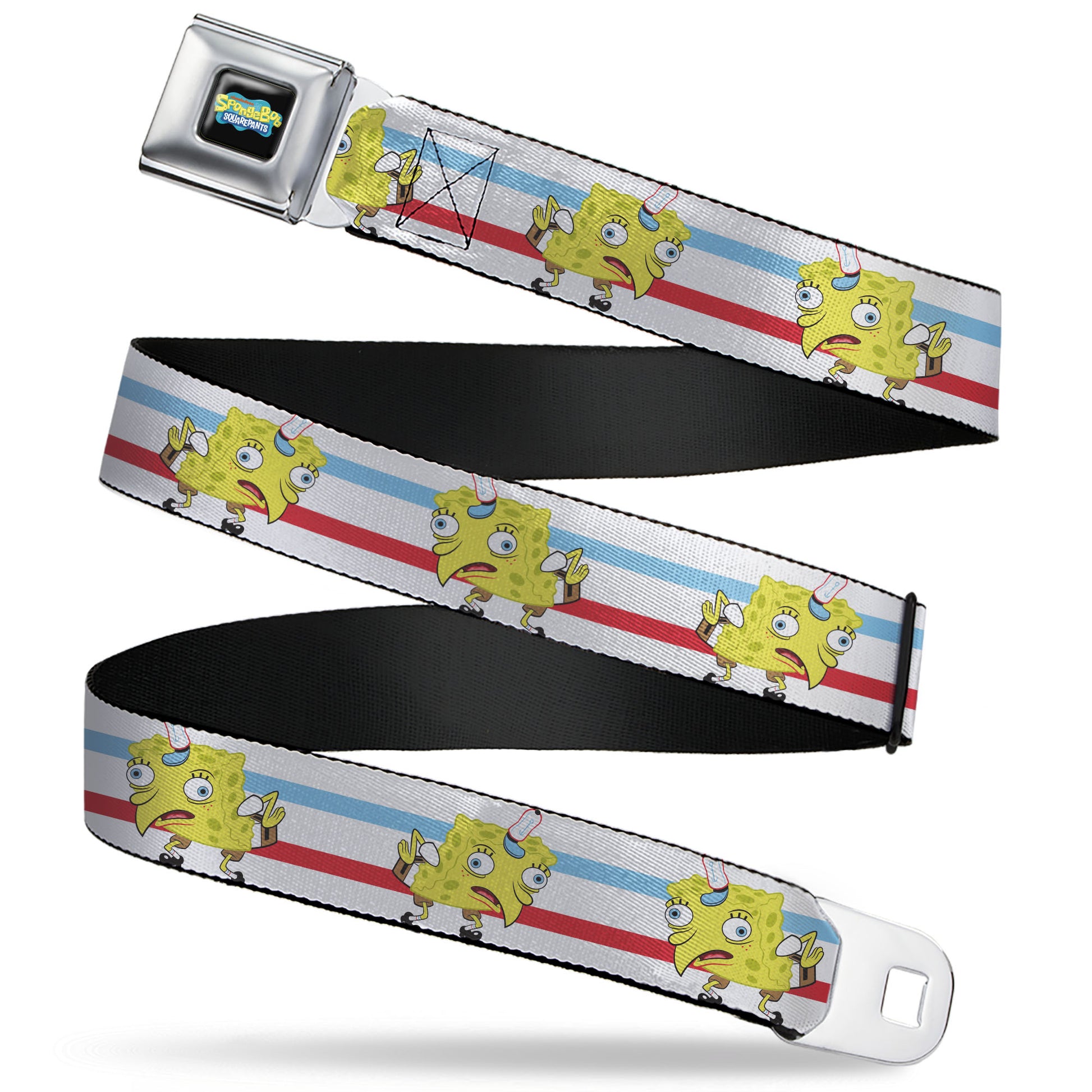 SpongeBob SquarePants Logo2 Full Color Black Seatbelt Belt - Mocking SpongeBob Pose Stripe White/Blue/Red Webbing Seatbelt Belts SpongeBob SquarePants