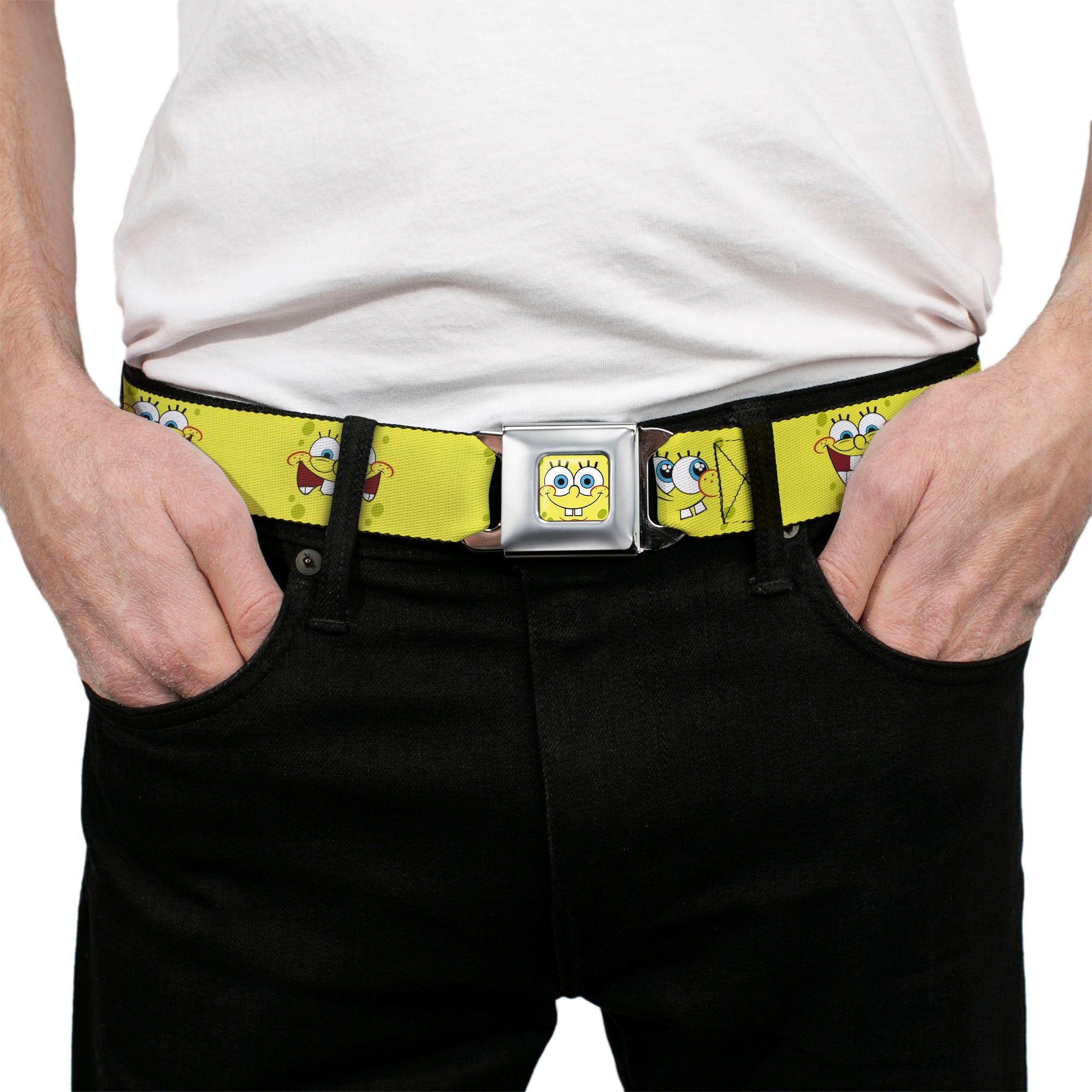 SpongeBob Face CLOSE-UP Full Color Seatbelt Belt - SpongeBob Expressions Yellow Webbing Seatbelt Belts SpongeBob SquarePants