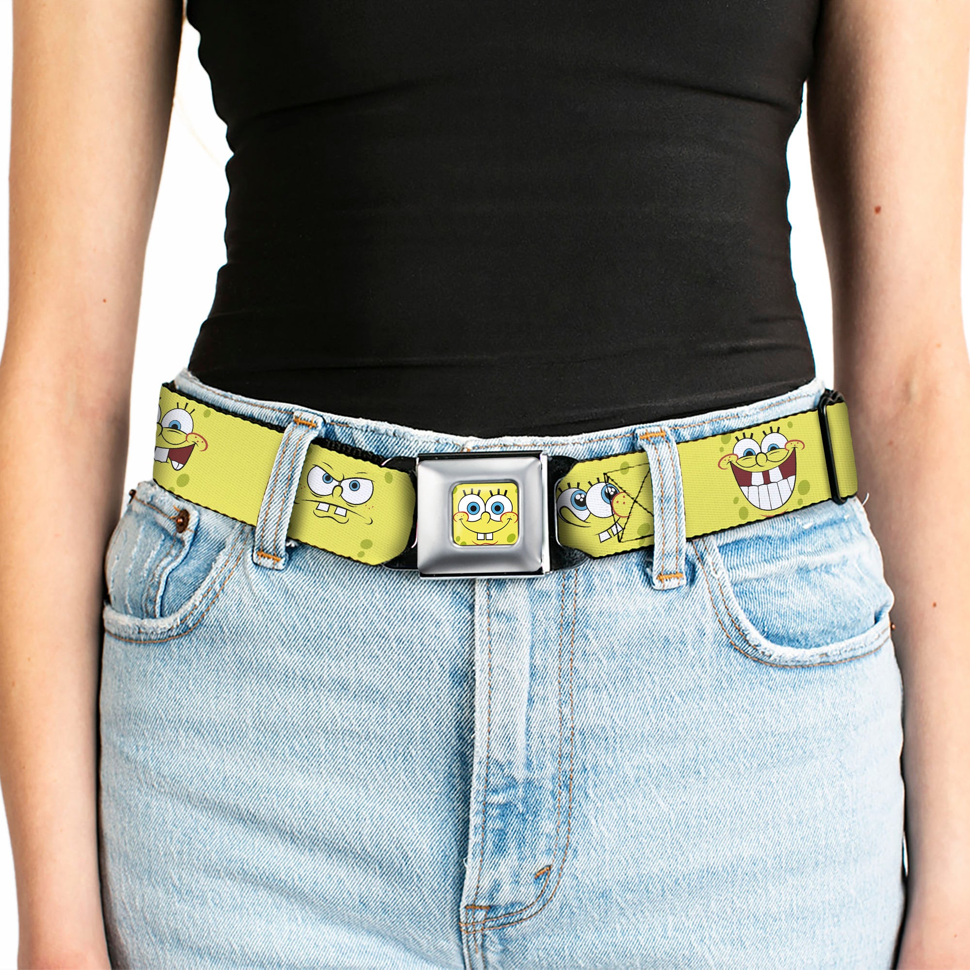 SpongeBob Face CLOSE-UP Full Color Seatbelt Belt - SpongeBob Expressions Yellow Webbing Seatbelt Belts SpongeBob SquarePants