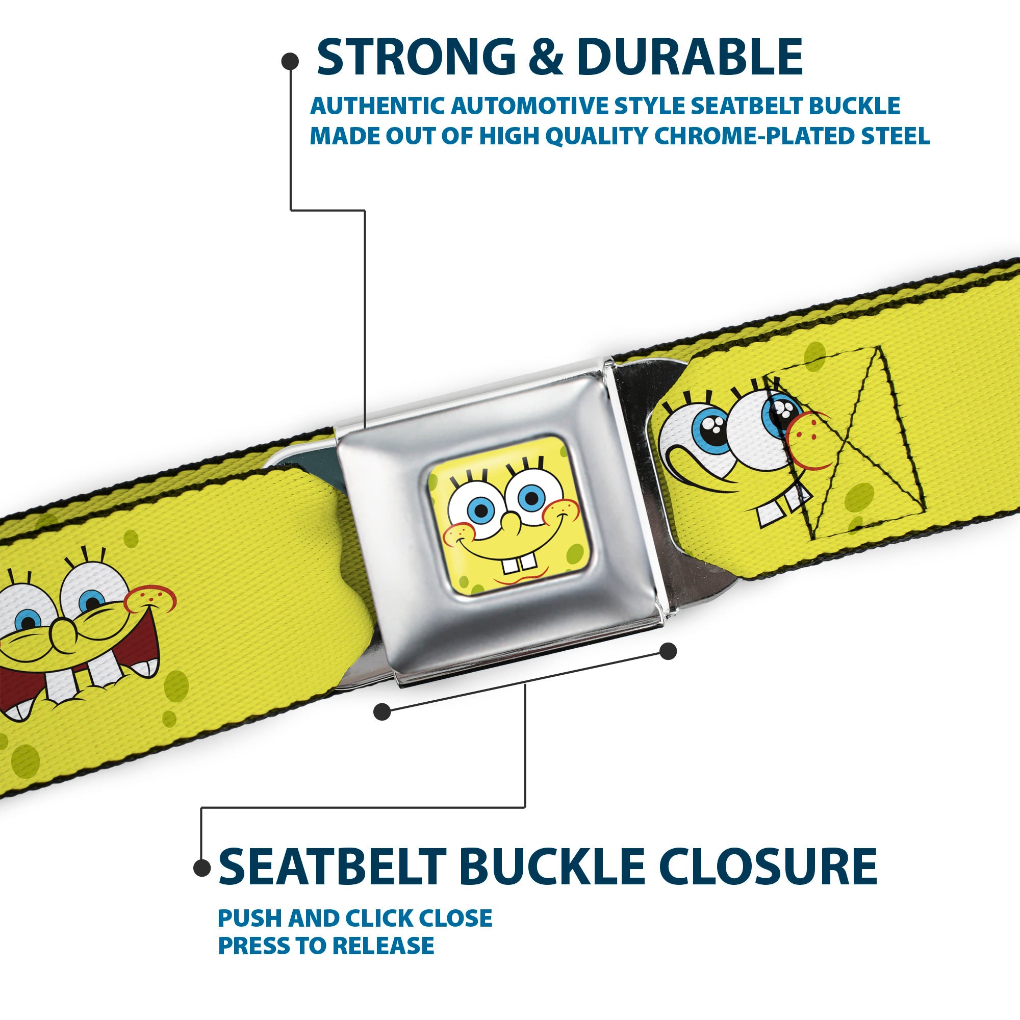SpongeBob Face CLOSE-UP Full Color Seatbelt Belt - SpongeBob Expressions Yellow Webbing Seatbelt Belts SpongeBob SquarePants
