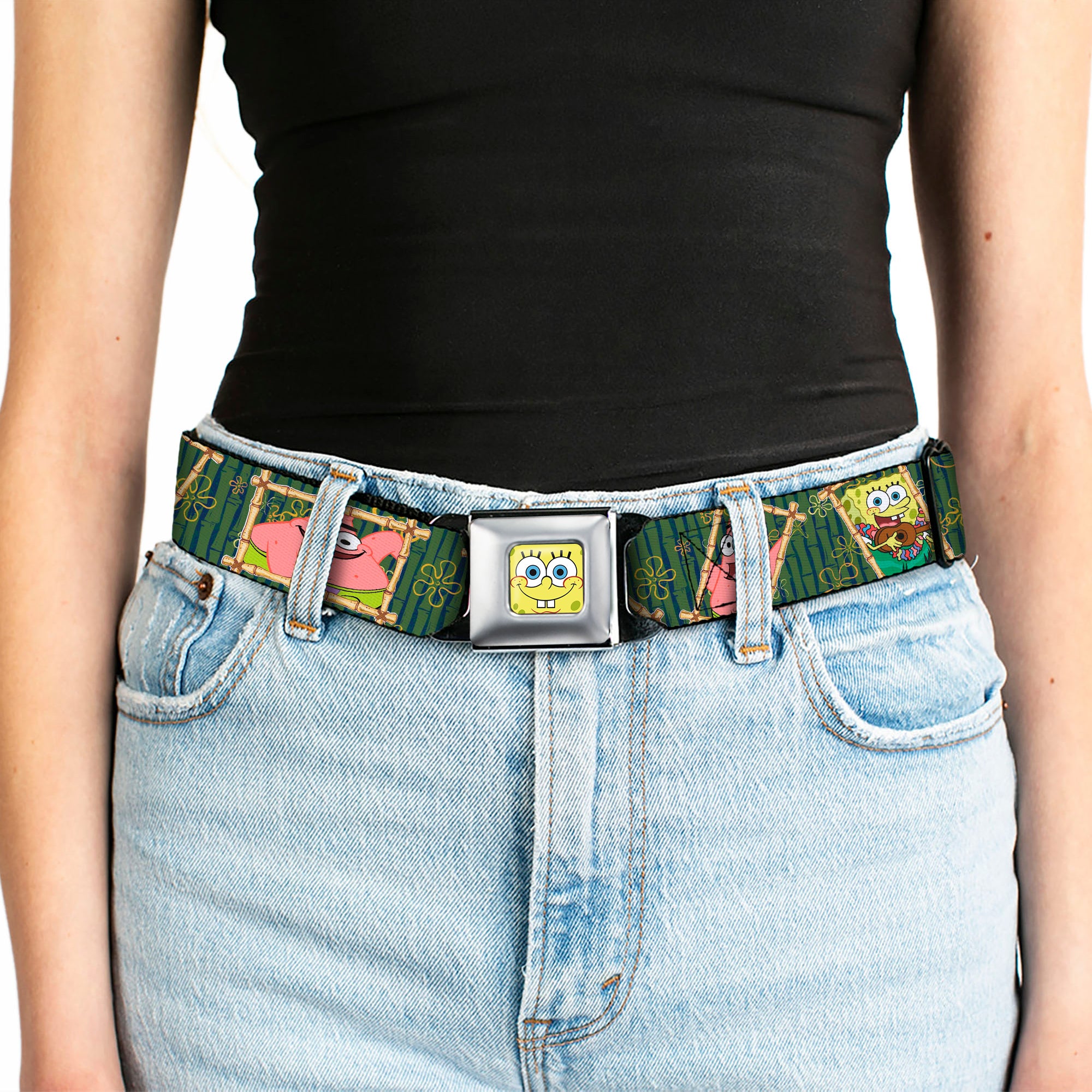 Sponge Bob Face CLOSE-UP Full Color Seatbelt Belt - SpongeBob & Patrick Starfish Bamboo Frames/Logo Webbing Seatbelt Belts SpongeBob SquarePants