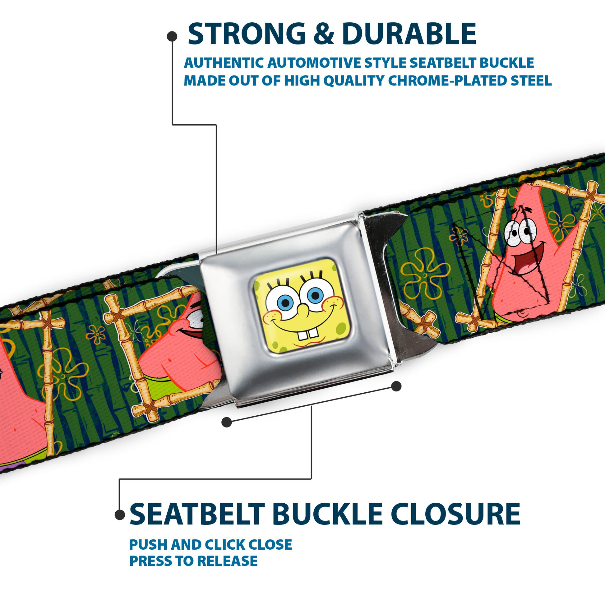 Sponge Bob Face CLOSE-UP Full Color Seatbelt Belt - SpongeBob & Patrick Starfish Bamboo Frames/Logo Webbing Seatbelt Belts SpongeBob SquarePants