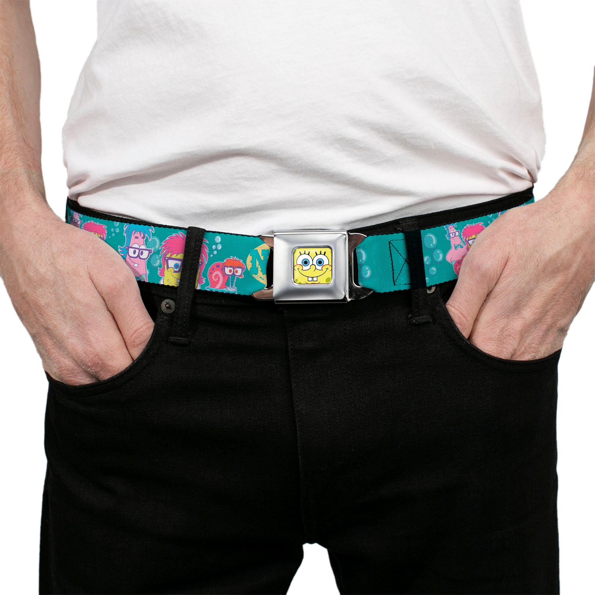 Sponge Bob Face CLOSE-UP Full Color Seatbelt Belt - Patrick, SpongeBob & Gary NOT NORMAL Aqua Webbing Seatbelt Belts SpongeBob SquarePants